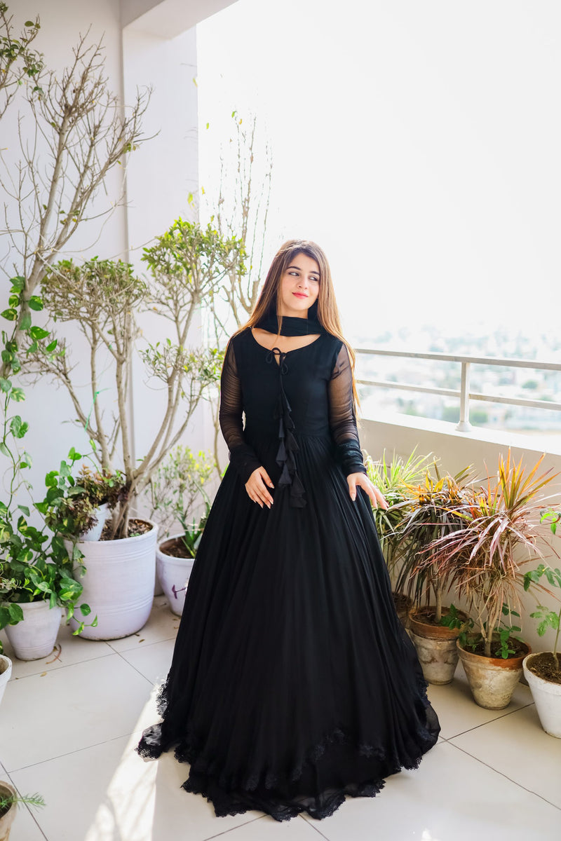 Demanding Black Color Lace Work Long Anarkali Gown