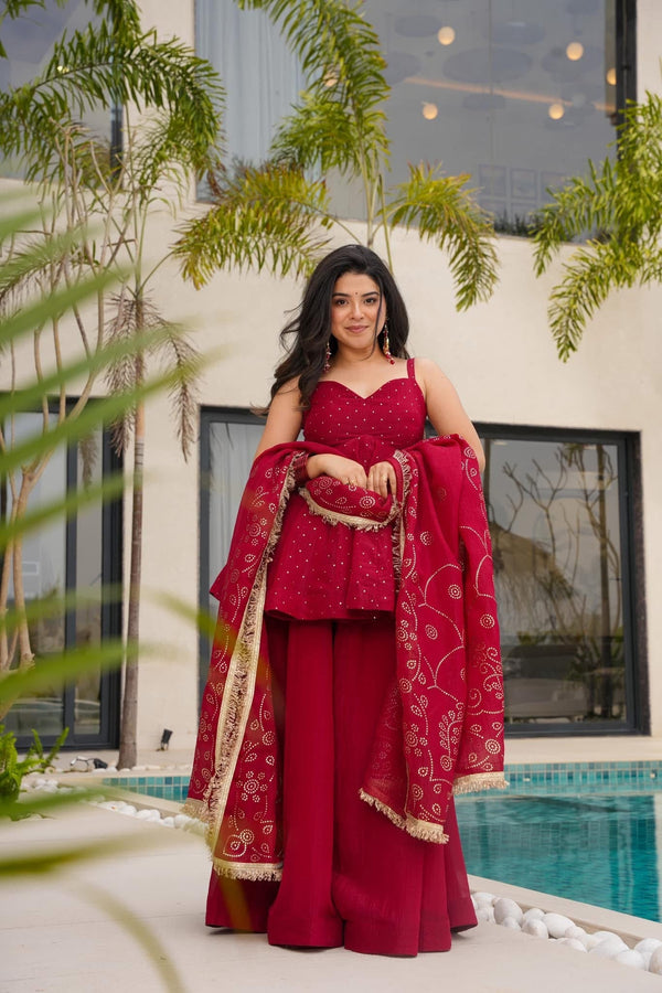 Amazing Organza Mukesh Work Red Color Palazzo Suit