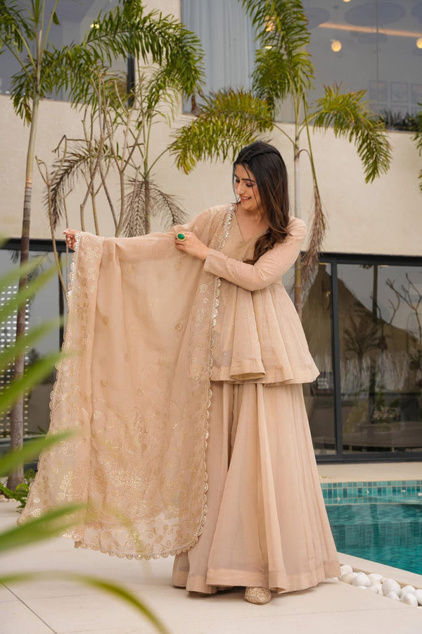 Amazing Organza Mukesh Work Beige Color Palazzo Suit