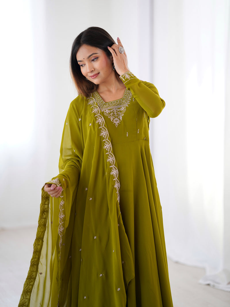 Mehndi Green Color Georgette Embroidered Three Piece Anarkali Suit