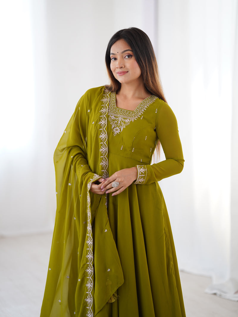 Mehndi Green Color Georgette Embroidered Three Piece Anarkali Suit