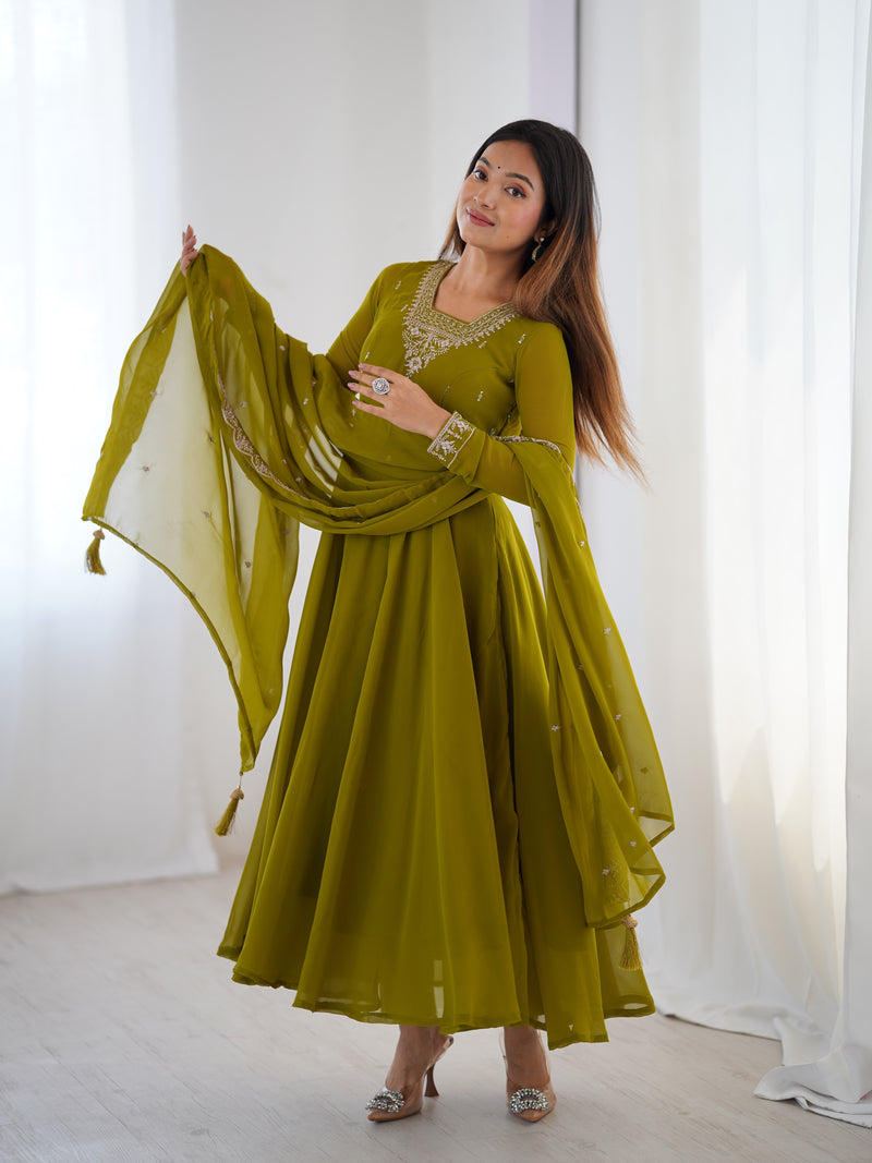 Mehndi Green Color Georgette Embroidered Three Piece Anarkali Suit