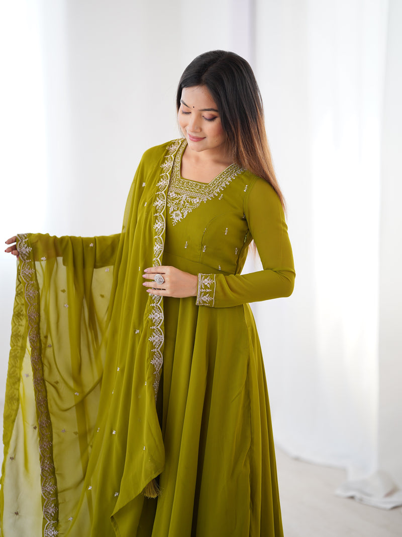 Mehndi Green Color Georgette Embroidered Three Piece Anarkali Suit