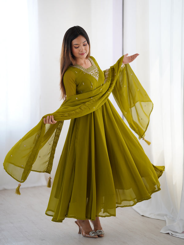 Mehndi Green Color Georgette Embroidered Three Piece Anarkali Suit