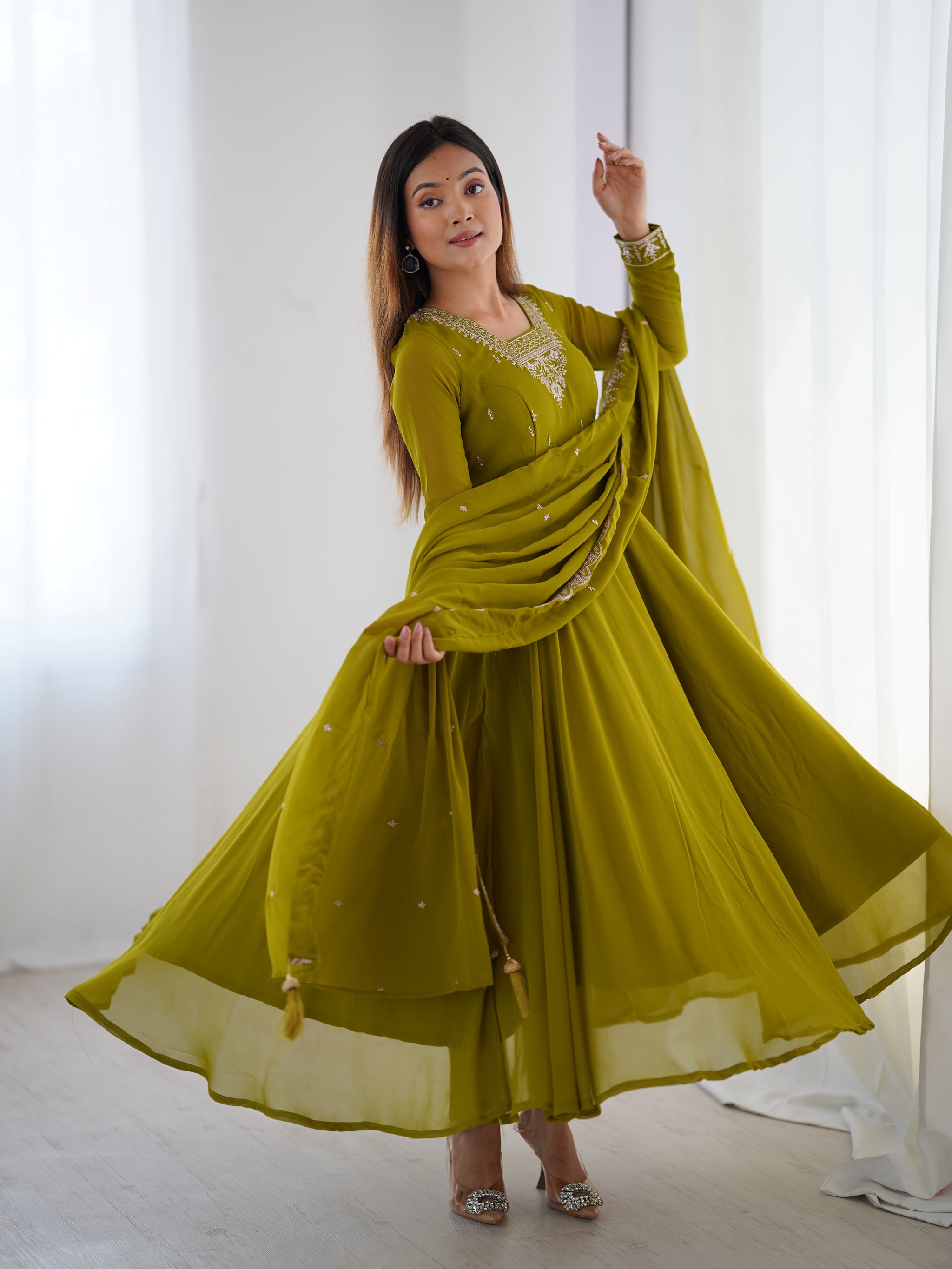 Mehndi Green Color Georgette Embroidered Three Piece Anarkali Suit