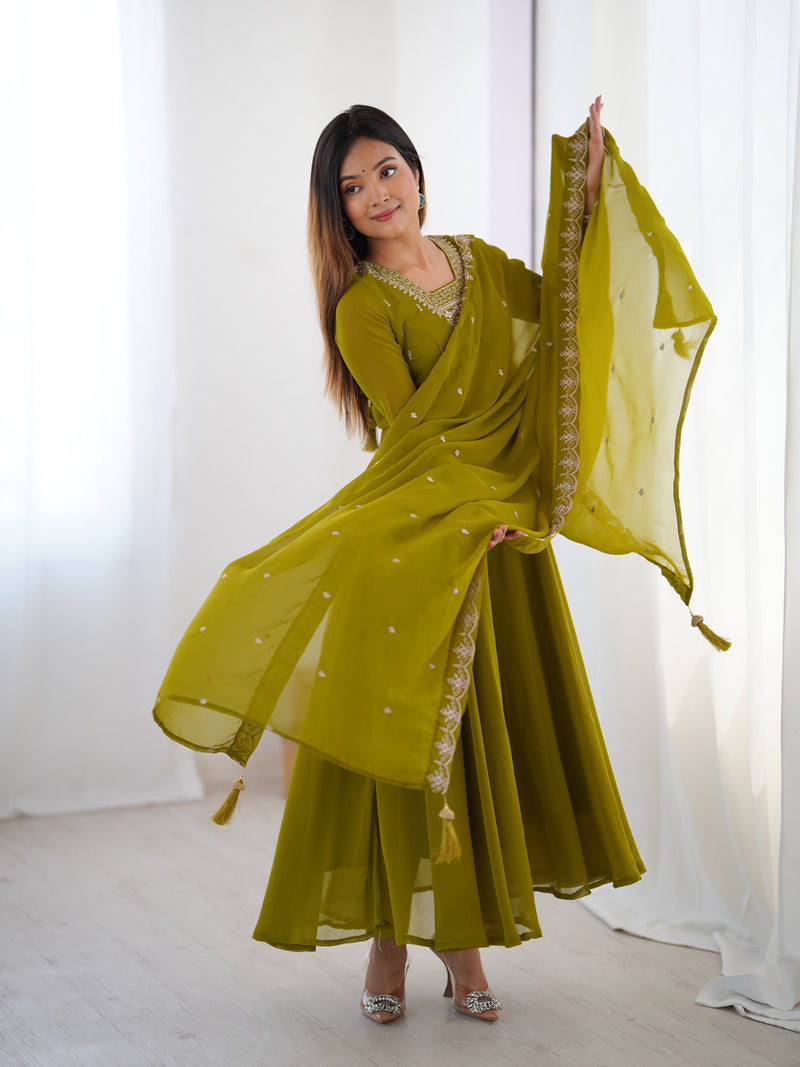 Mehndi Green Color Georgette Embroidered Three Piece Anarkali Suit