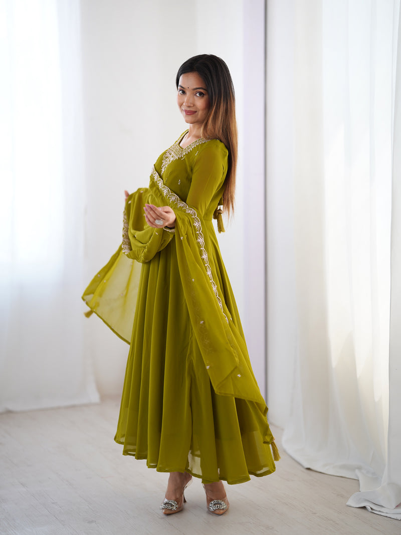 Mehndi Green Color Georgette Embroidered Three Piece Anarkali Suit