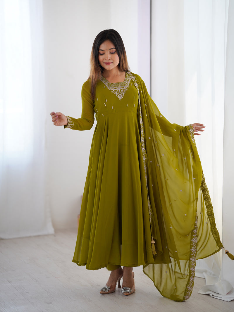 Mehndi Green Color Georgette Embroidered Three Piece Anarkali Suit