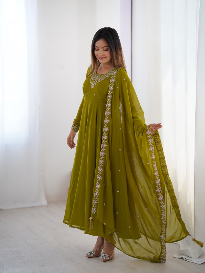 Mehndi Green Color Georgette Embroidered Three Piece Anarkali Suit