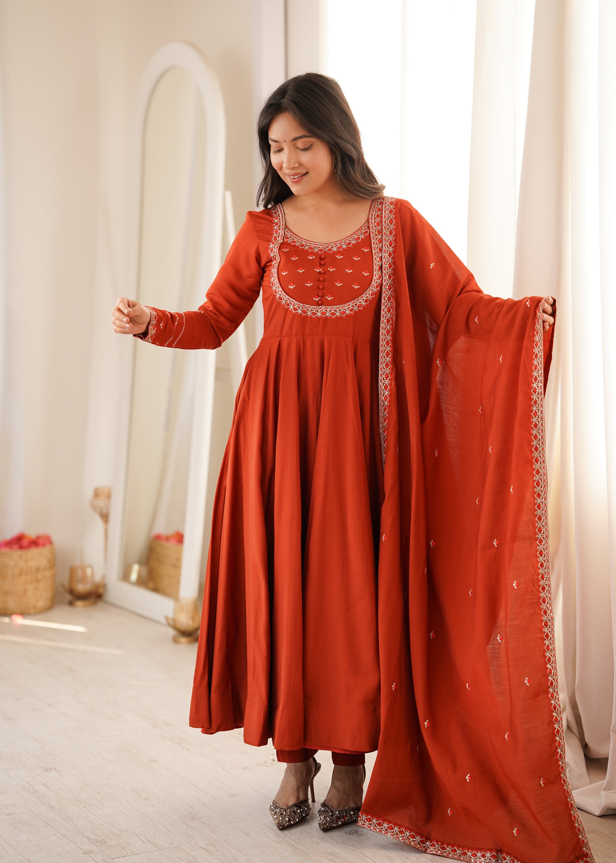 Rust Orange Color Chanderi Roman Silk Three Piece Anarkali Suit