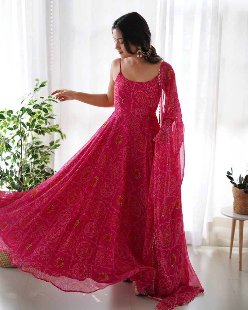 Floral Pink Color Bandhani Print Soft Chiffon Three Piece Anarkali Gown