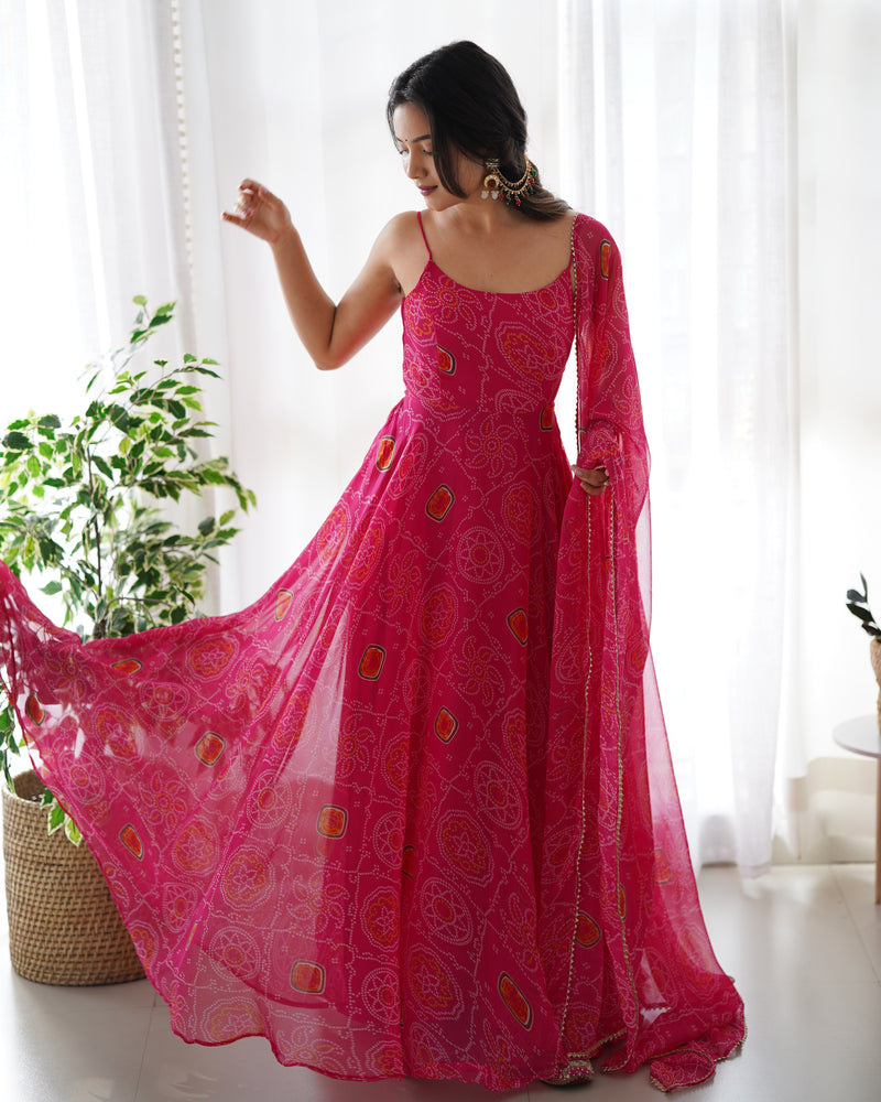 Floral Pink Color Bandhani Print Soft Chiffon Three Piece Anarkali Gown