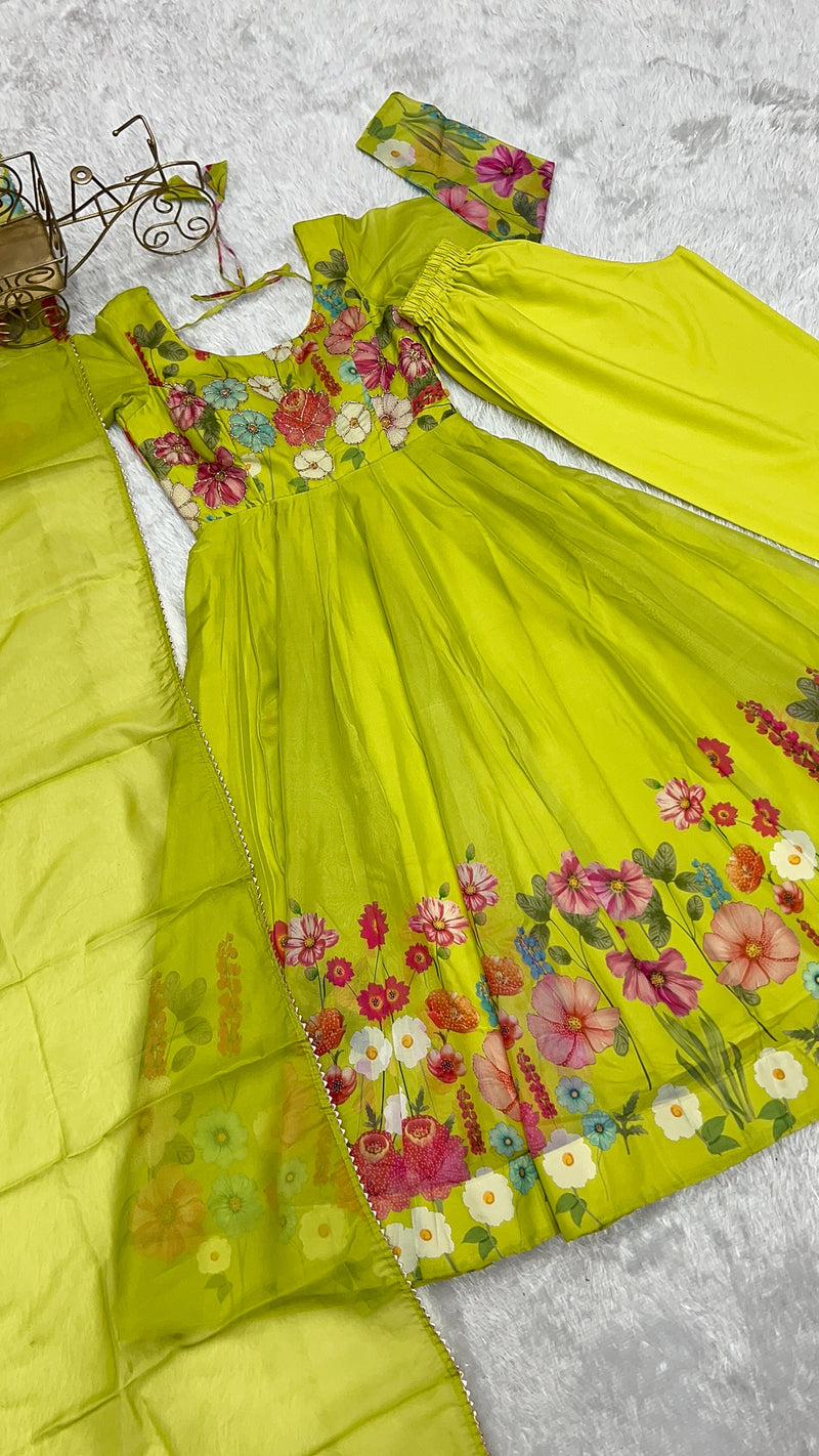 Neon Color Floral Print Organza Three Piece Anarkali Suit