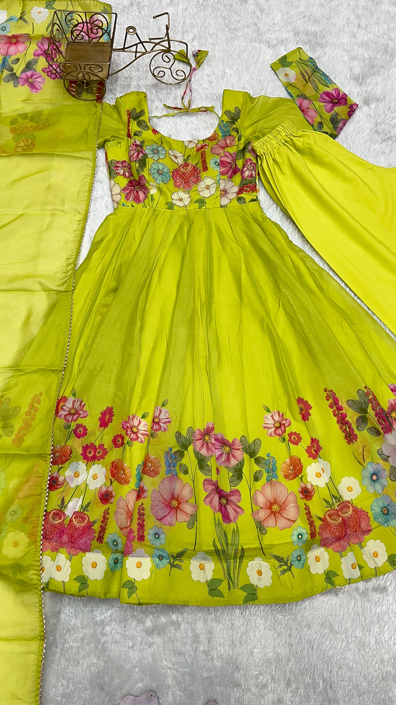 Neon Color Floral Print Organza Three Piece Anarkali Suit