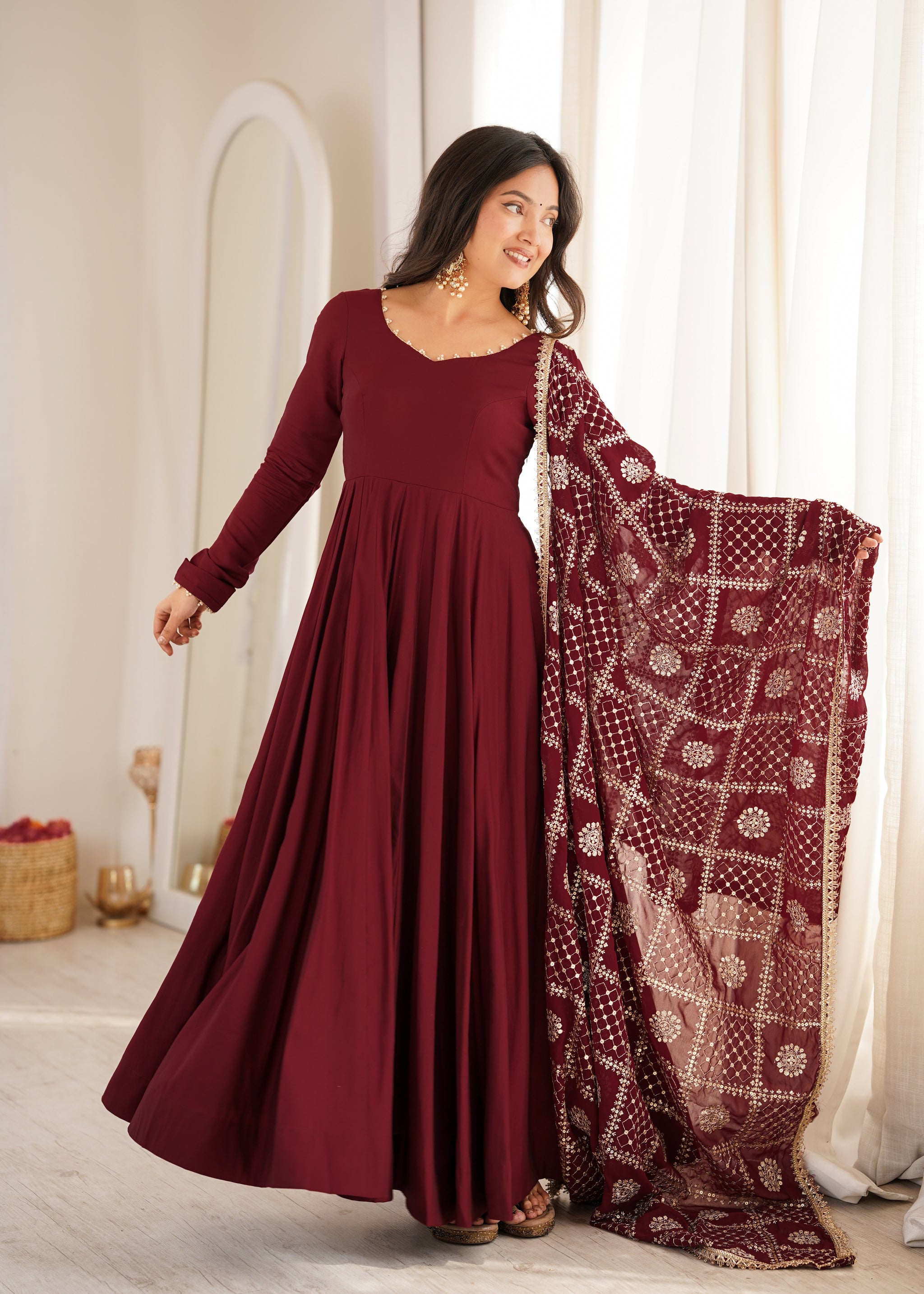 Maroon Color Roman Silk CHanderi Three Piece Anarkali Suit