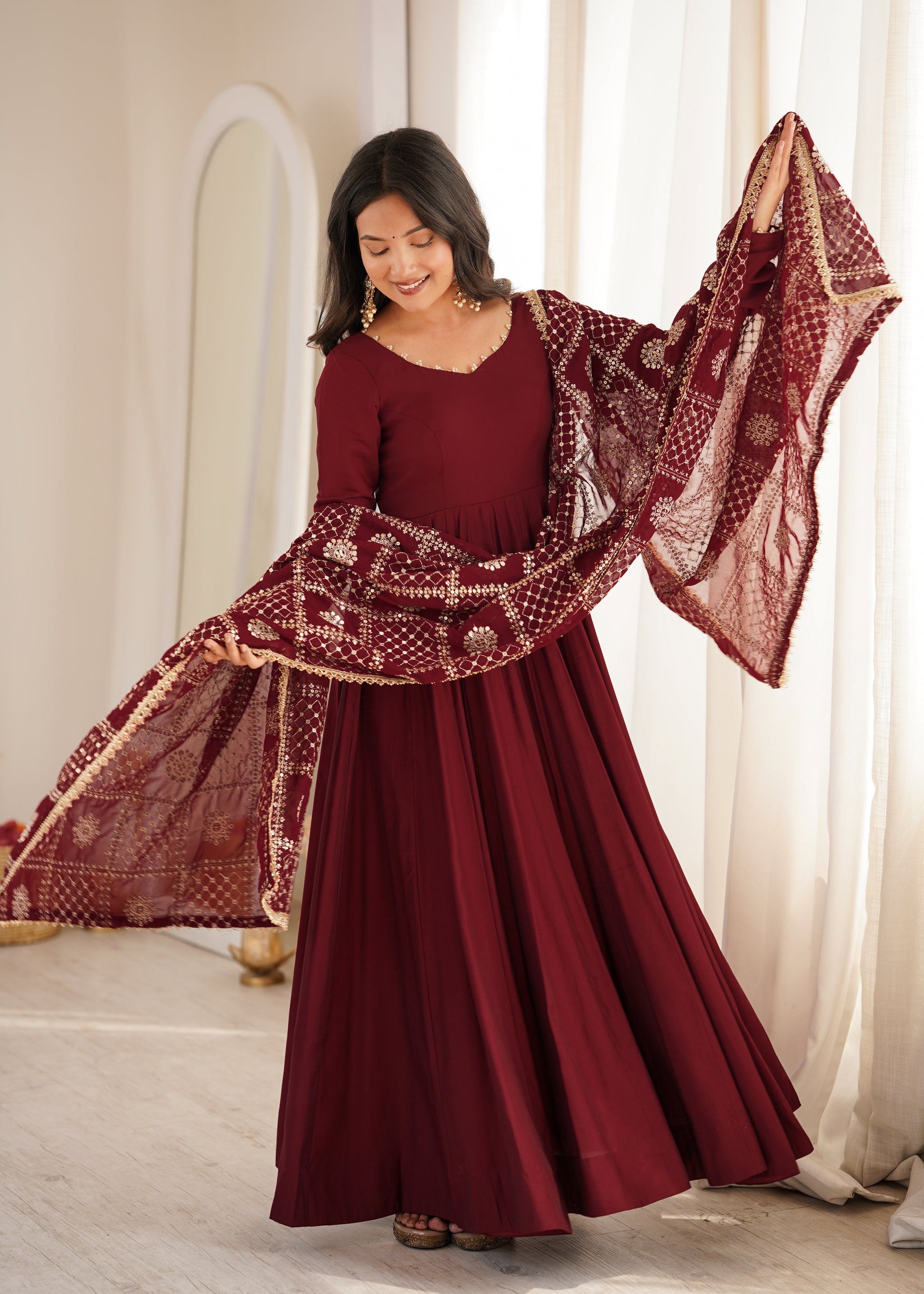 Maroon Color Roman Silk CHanderi Three Piece Anarkali Suit