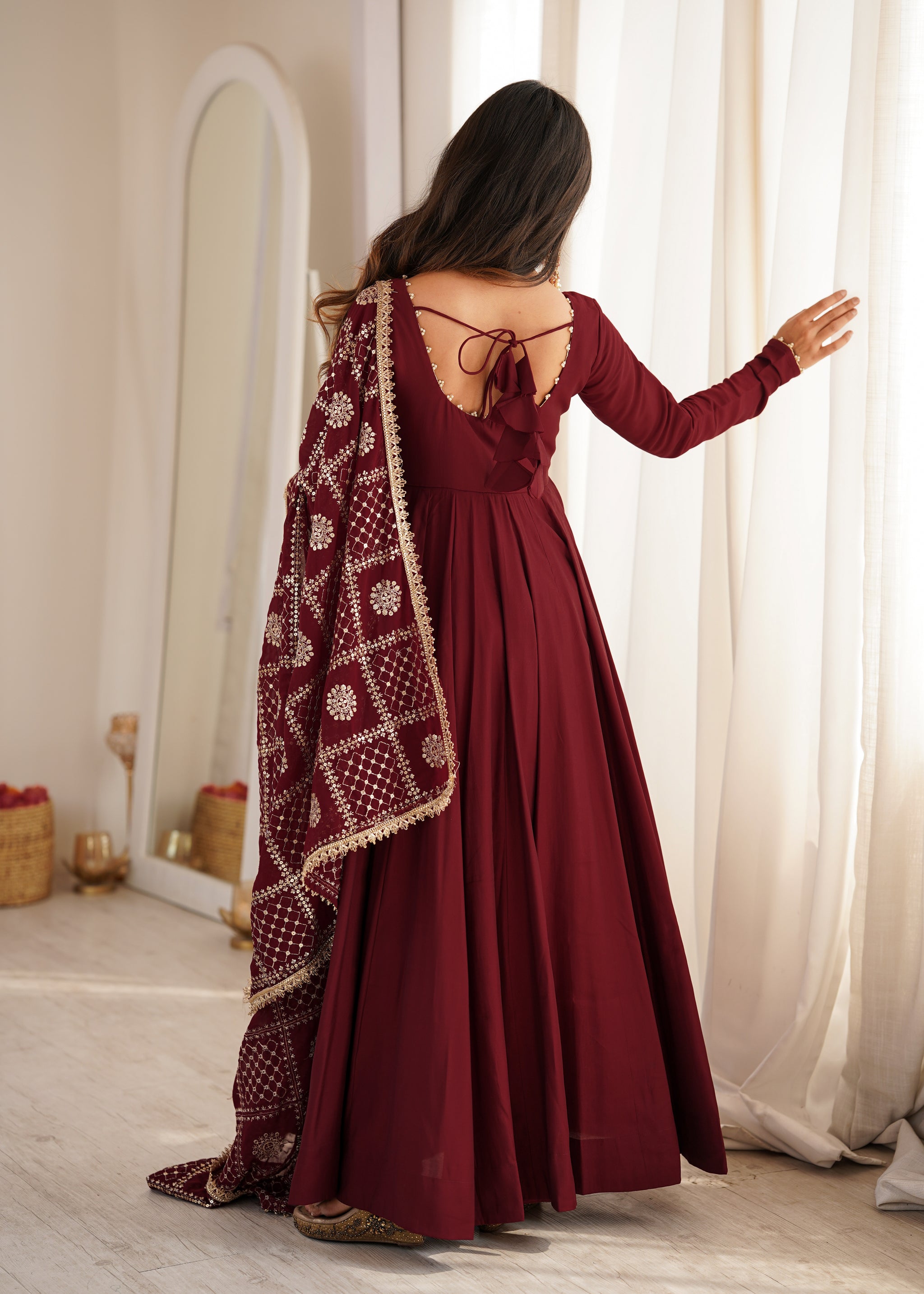 Maroon Color Roman Silk CHanderi Three Piece Anarkali Suit