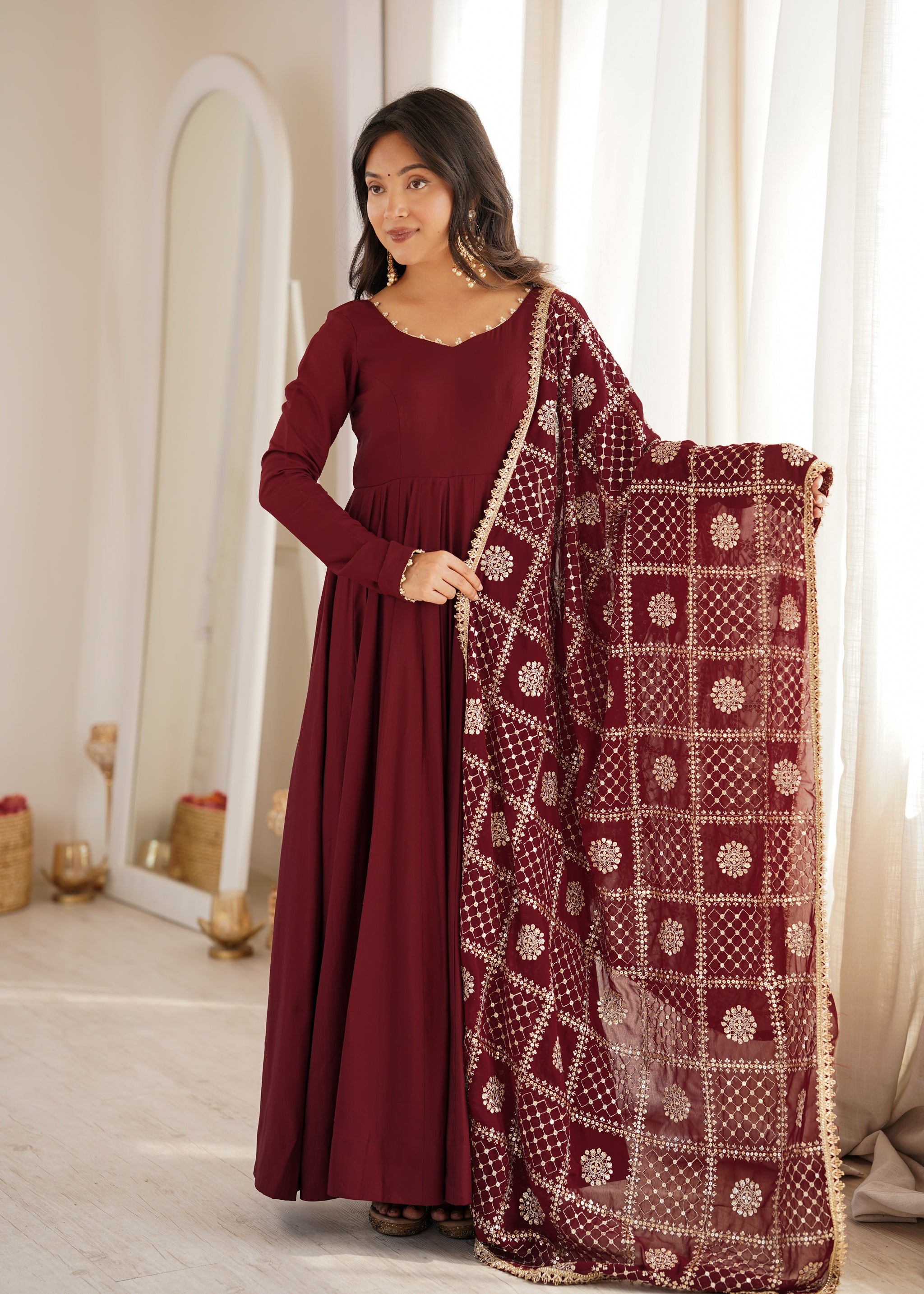 Maroon Color Roman Silk CHanderi Three Piece Anarkali Suit