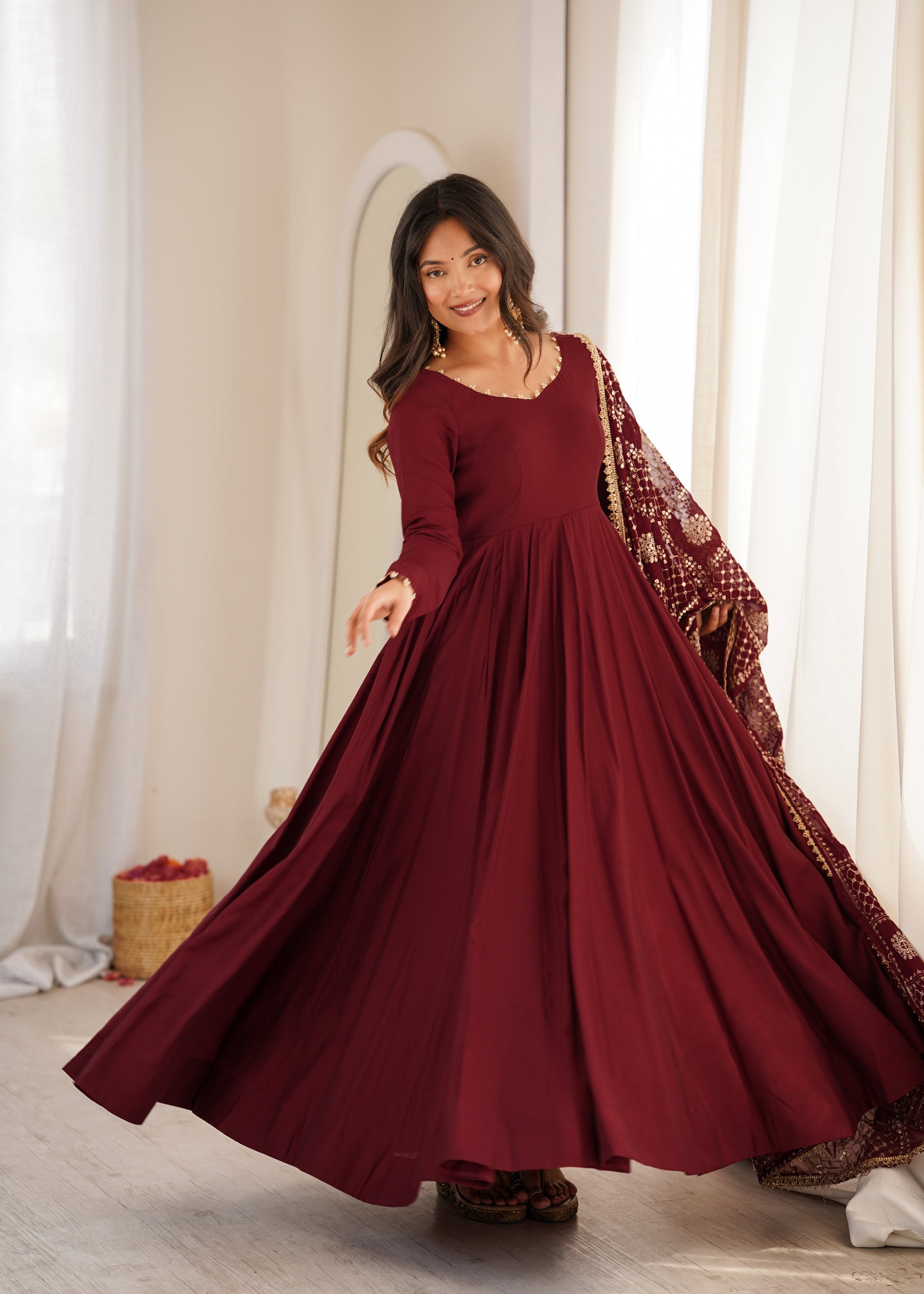 Maroon Color Roman Silk CHanderi Three Piece Anarkali Suit