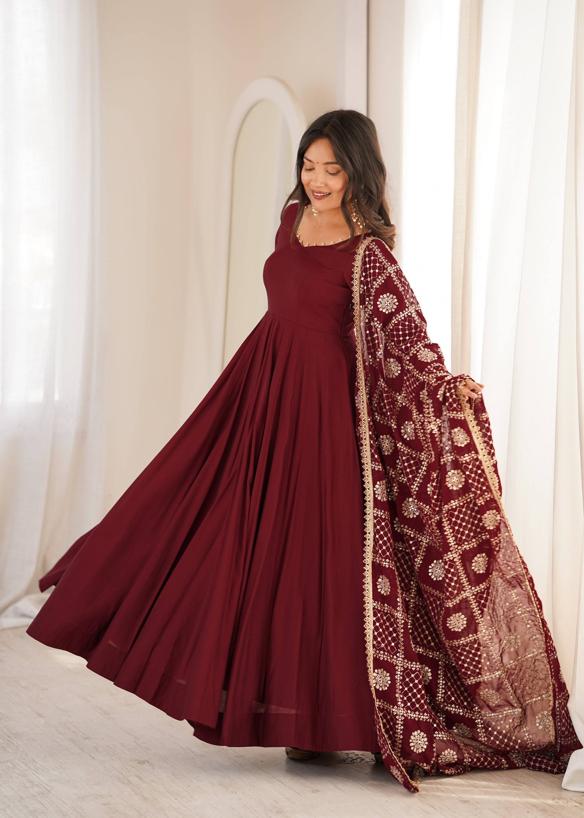 Maroon Color Roman Silk CHanderi Three Piece Anarkali Suit