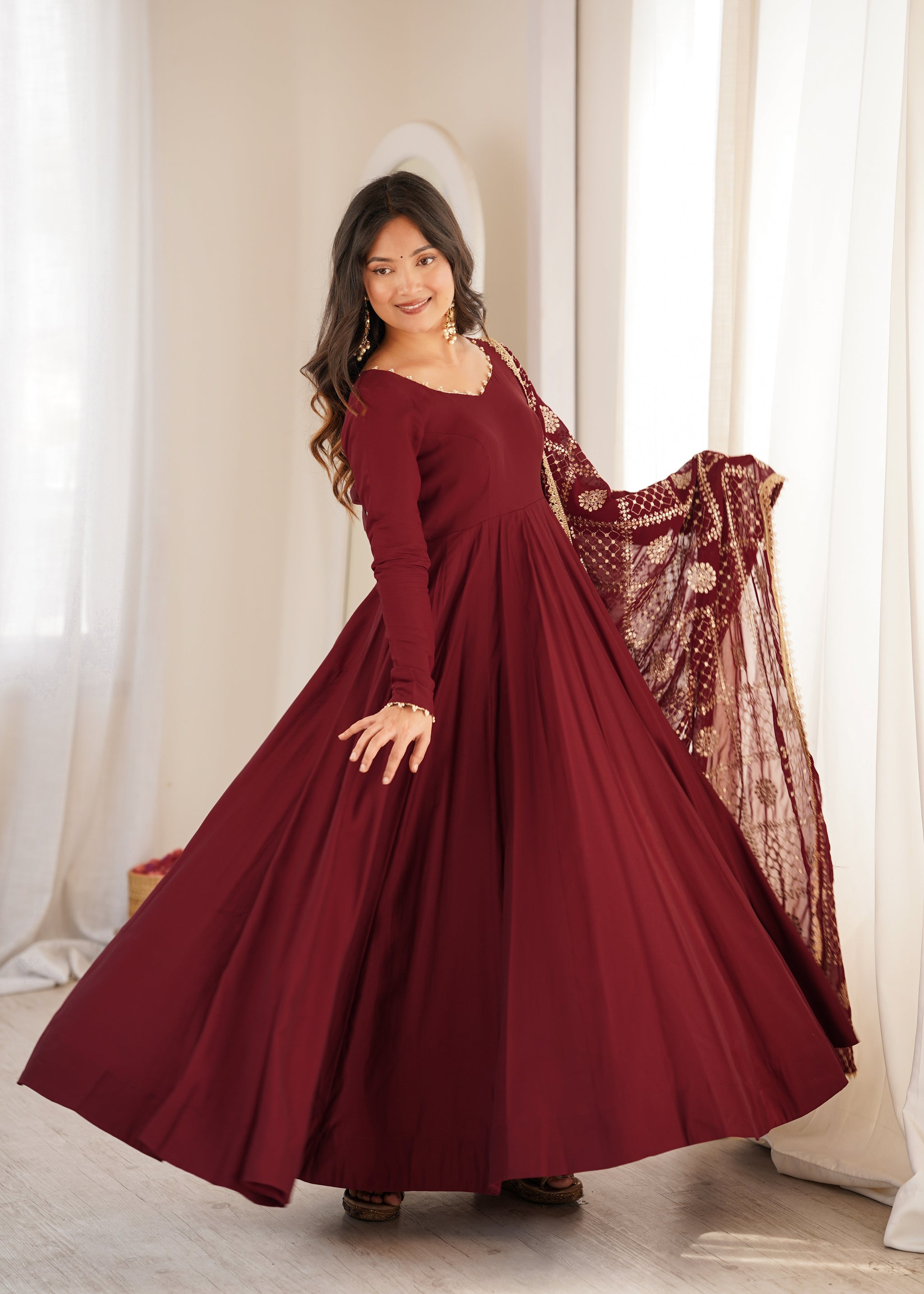 Maroon Color Roman Silk CHanderi Three Piece Anarkali Suit
