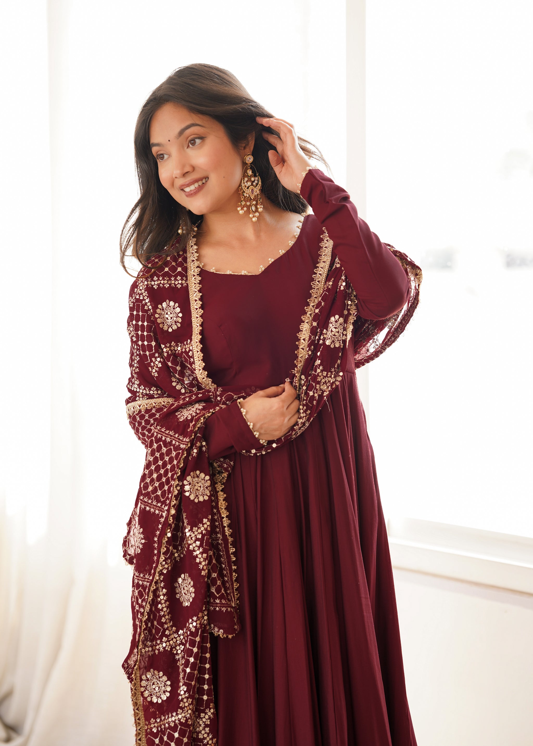 Maroon Color Roman Silk CHanderi Three Piece Anarkali Suit