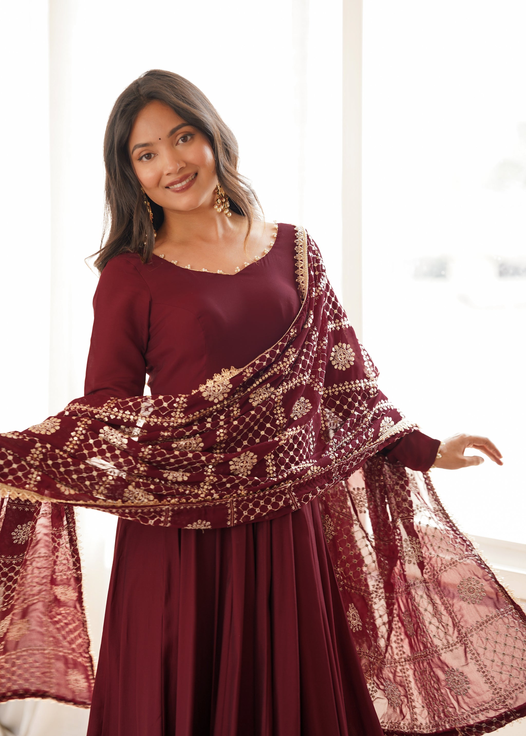 Maroon Color Roman Silk CHanderi Three Piece Anarkali Suit