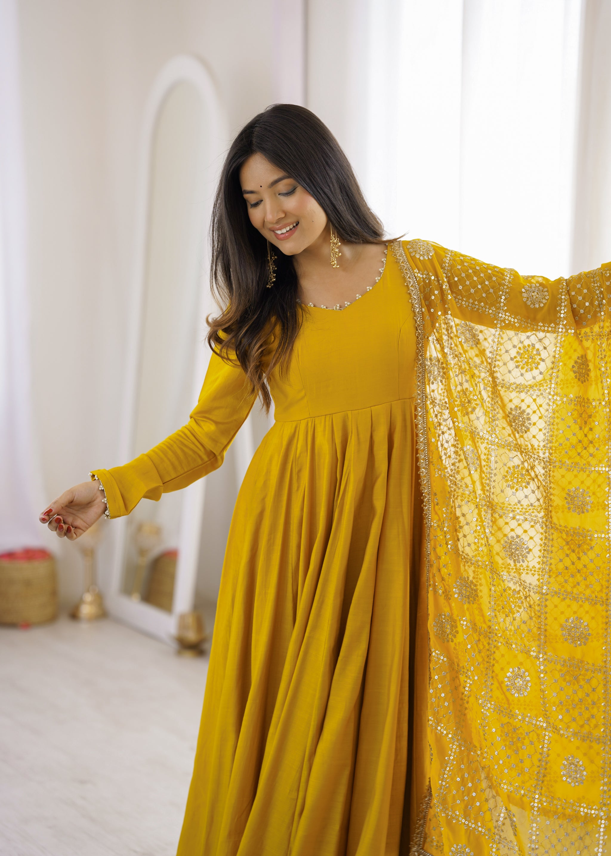 Yellow Color Roman Silk CHanderi Three Piece Anarkali Suit