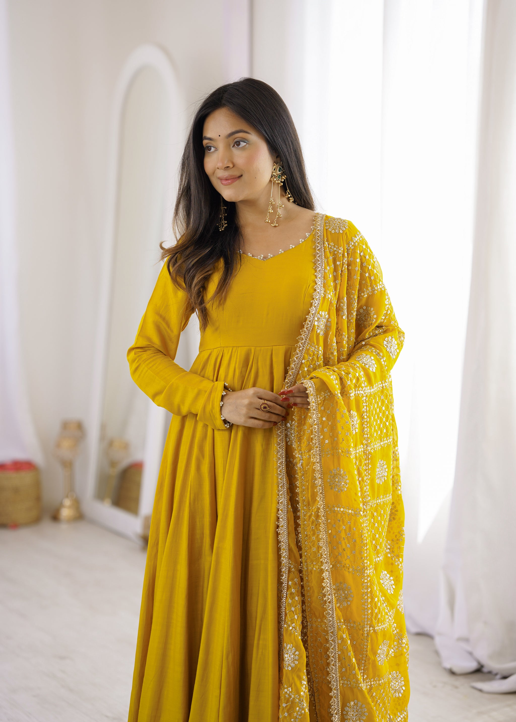 Yellow Color Roman Silk CHanderi Three Piece Anarkali Suit