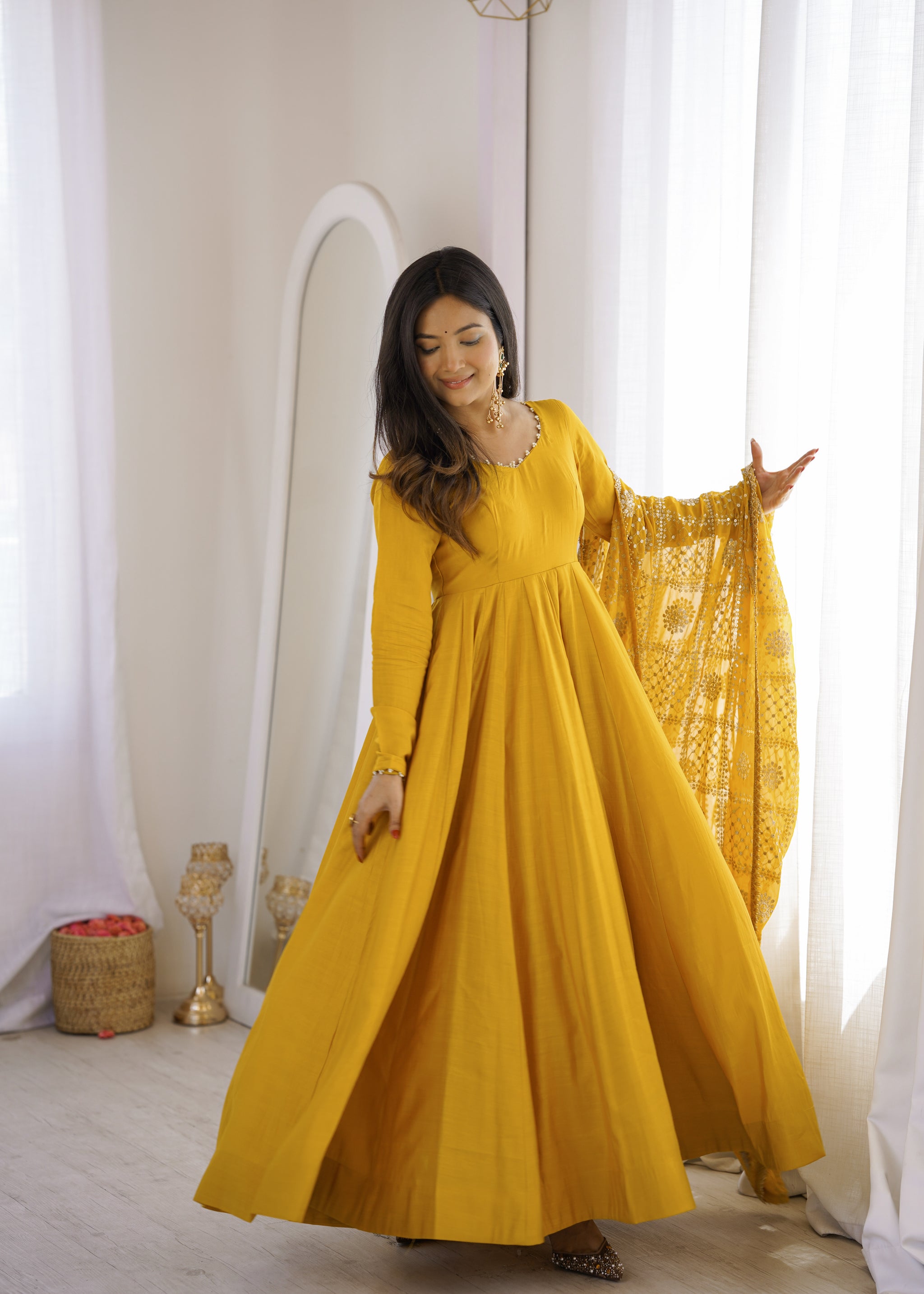 Yellow Color Roman Silk CHanderi Three Piece Anarkali Suit