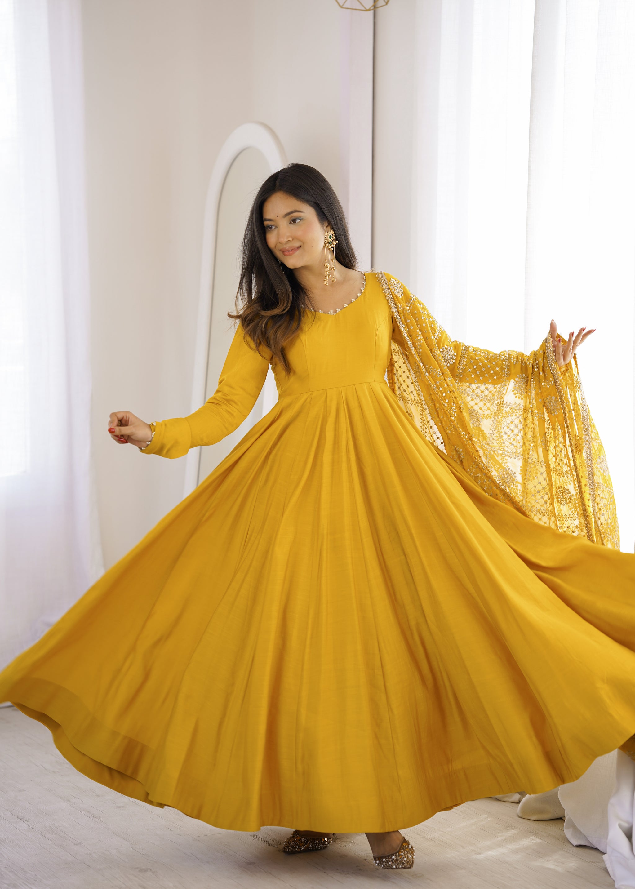 Yellow Color Roman Silk CHanderi Three Piece Anarkali Suit
