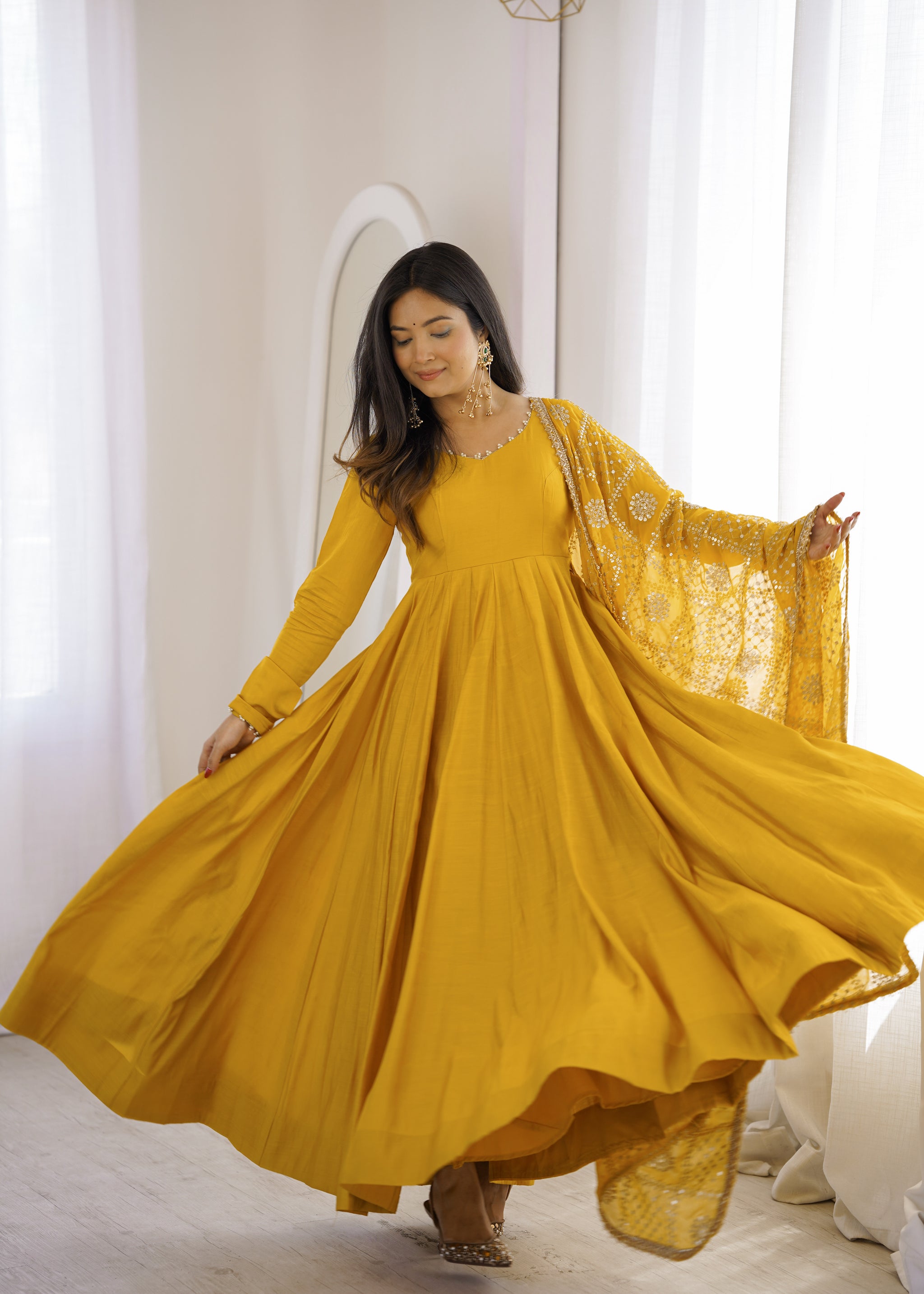 Yellow Color Roman Silk CHanderi Three Piece Anarkali Suit