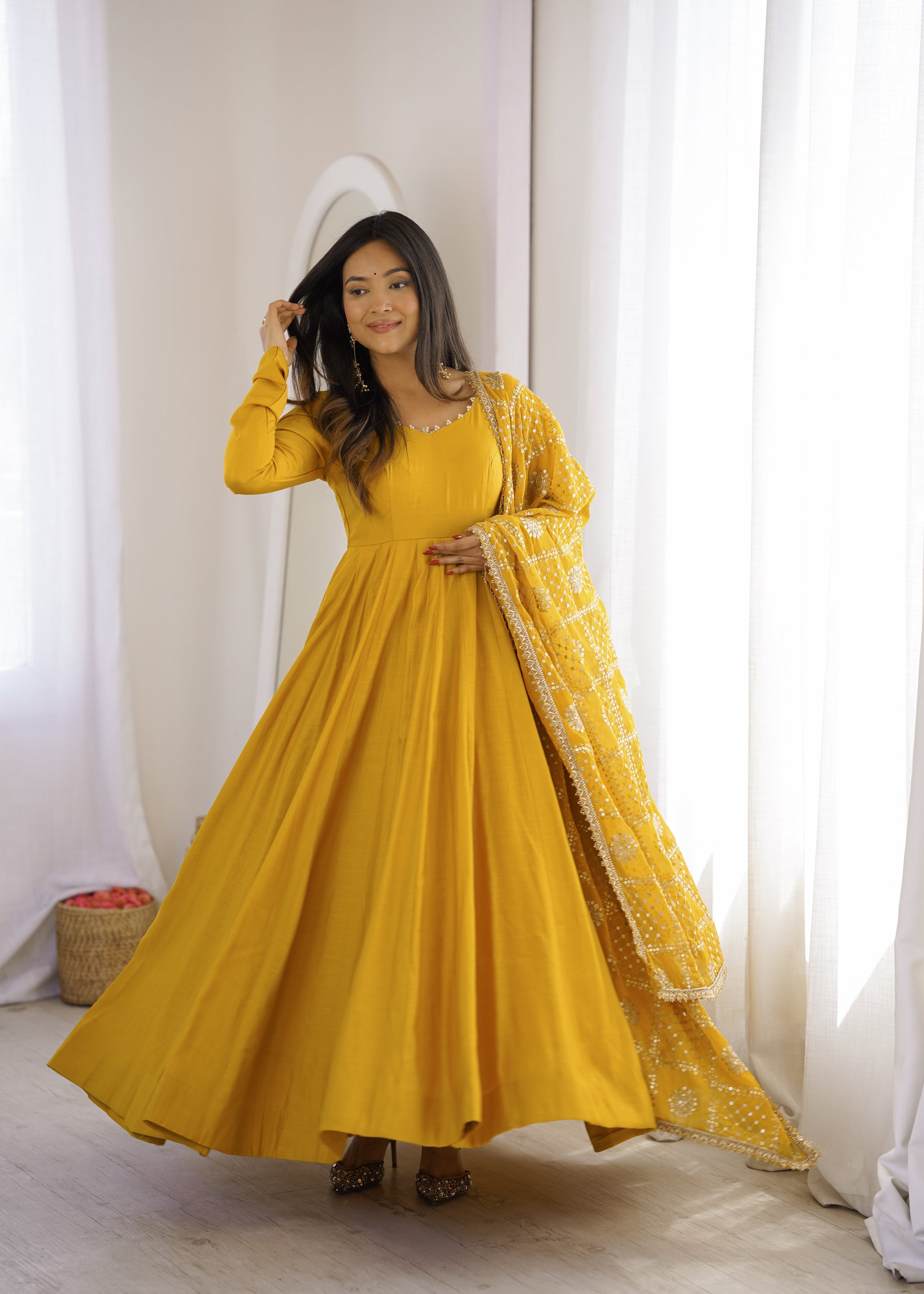 Yellow Color Roman Silk CHanderi Three Piece Anarkali Suit