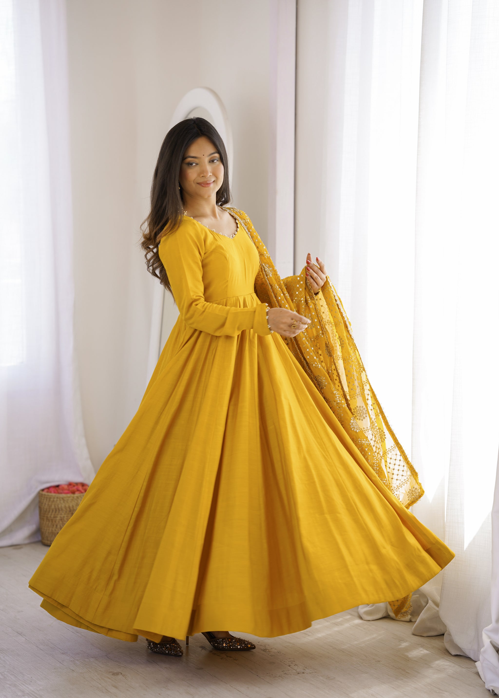 Yellow Color Roman Silk CHanderi Three Piece Anarkali Suit