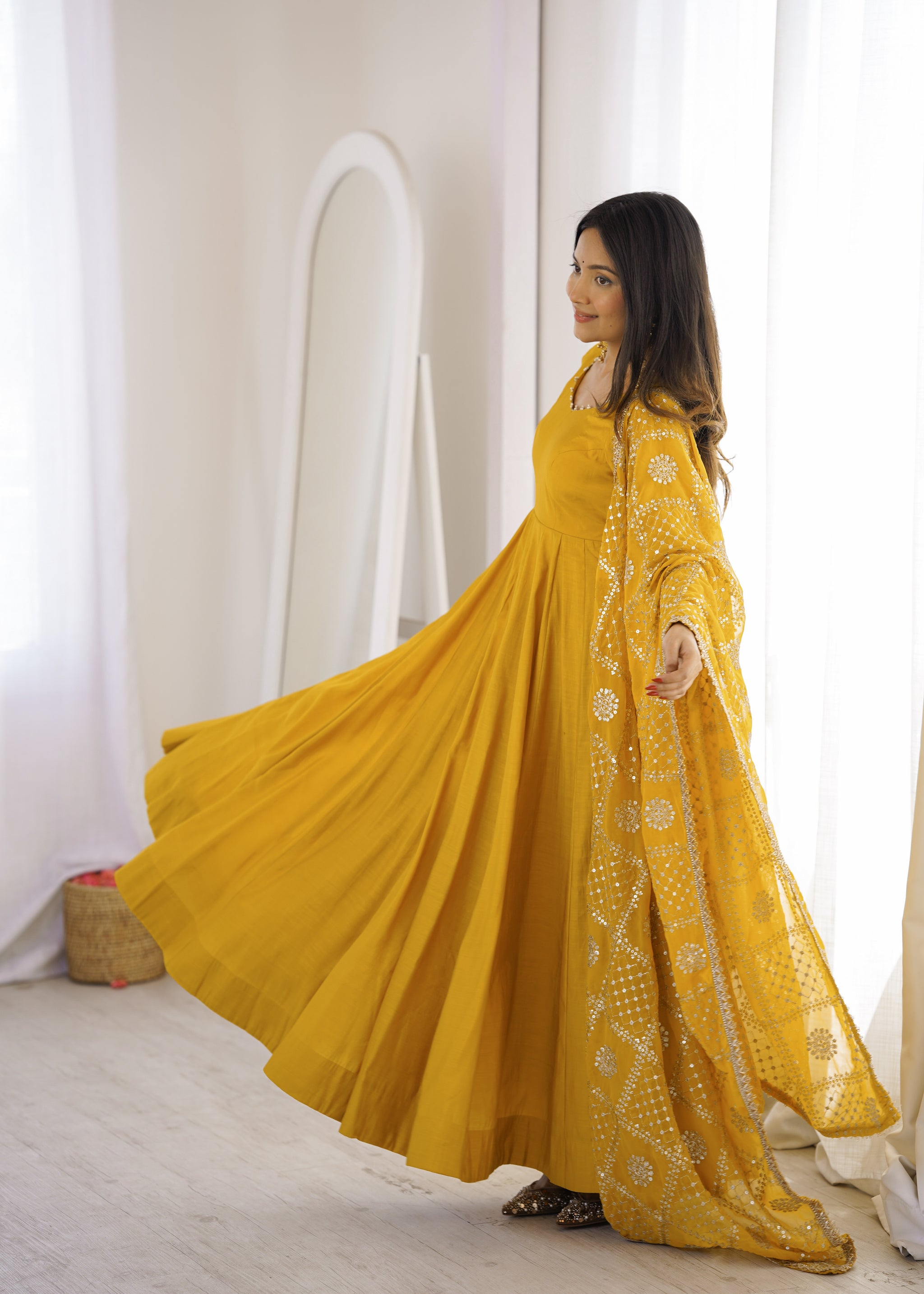 Yellow Color Roman Silk CHanderi Three Piece Anarkali Suit