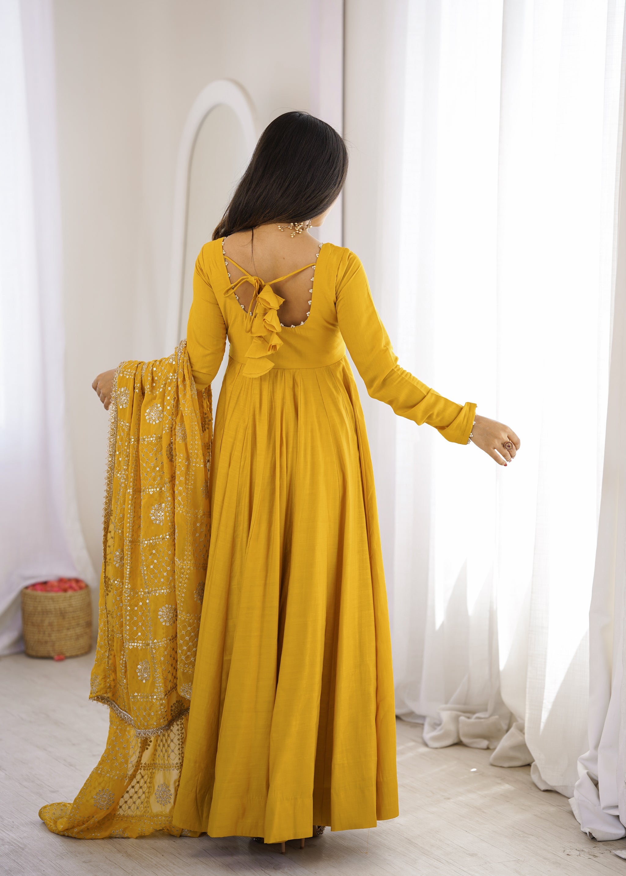 Yellow Color Roman Silk CHanderi Three Piece Anarkali Suit