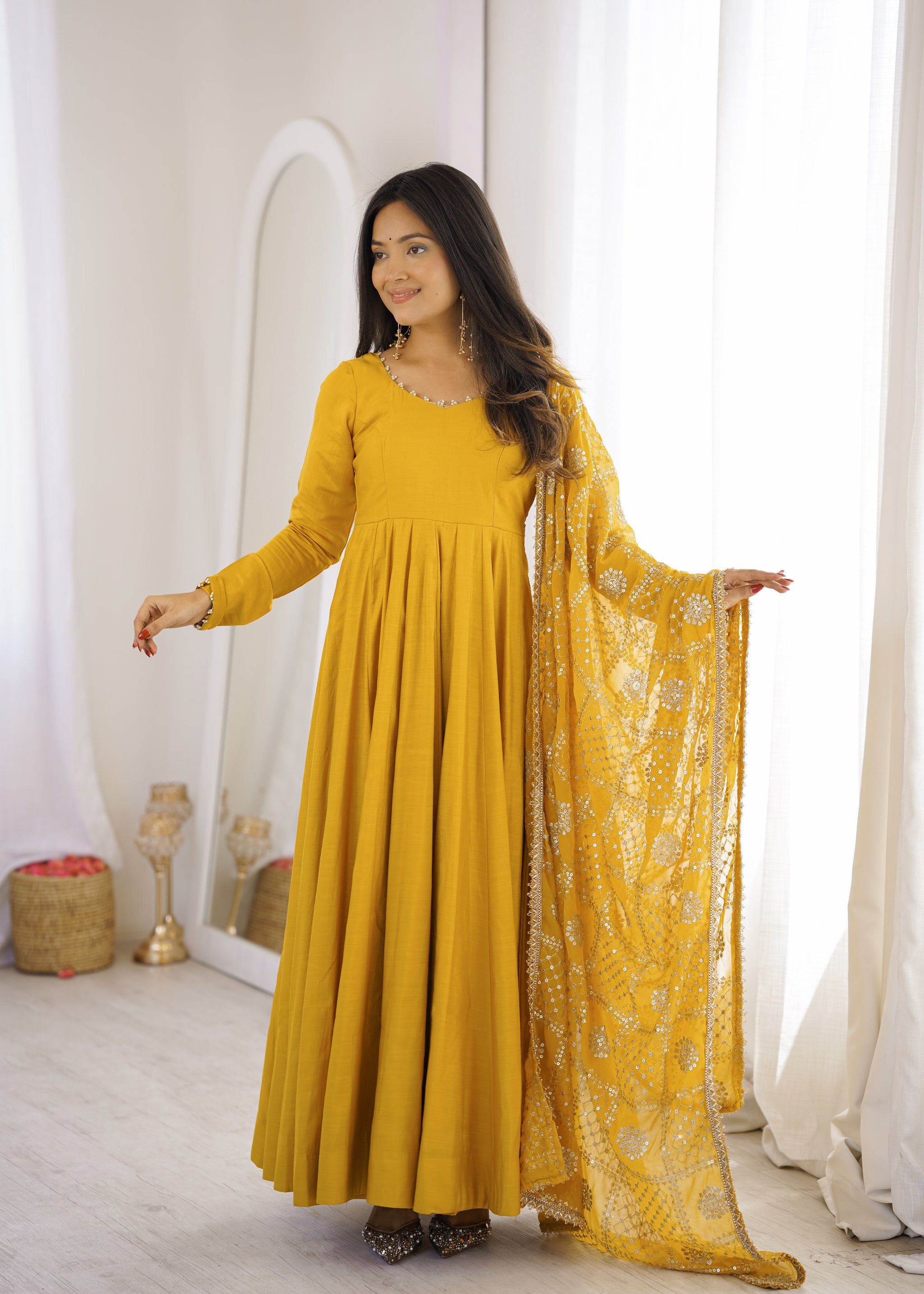Yellow Color Roman Silk CHanderi Three Piece Anarkali Suit