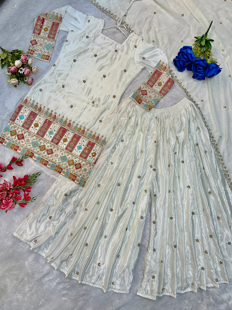 Khushi Silk Heavy Work Off White Sharara Set