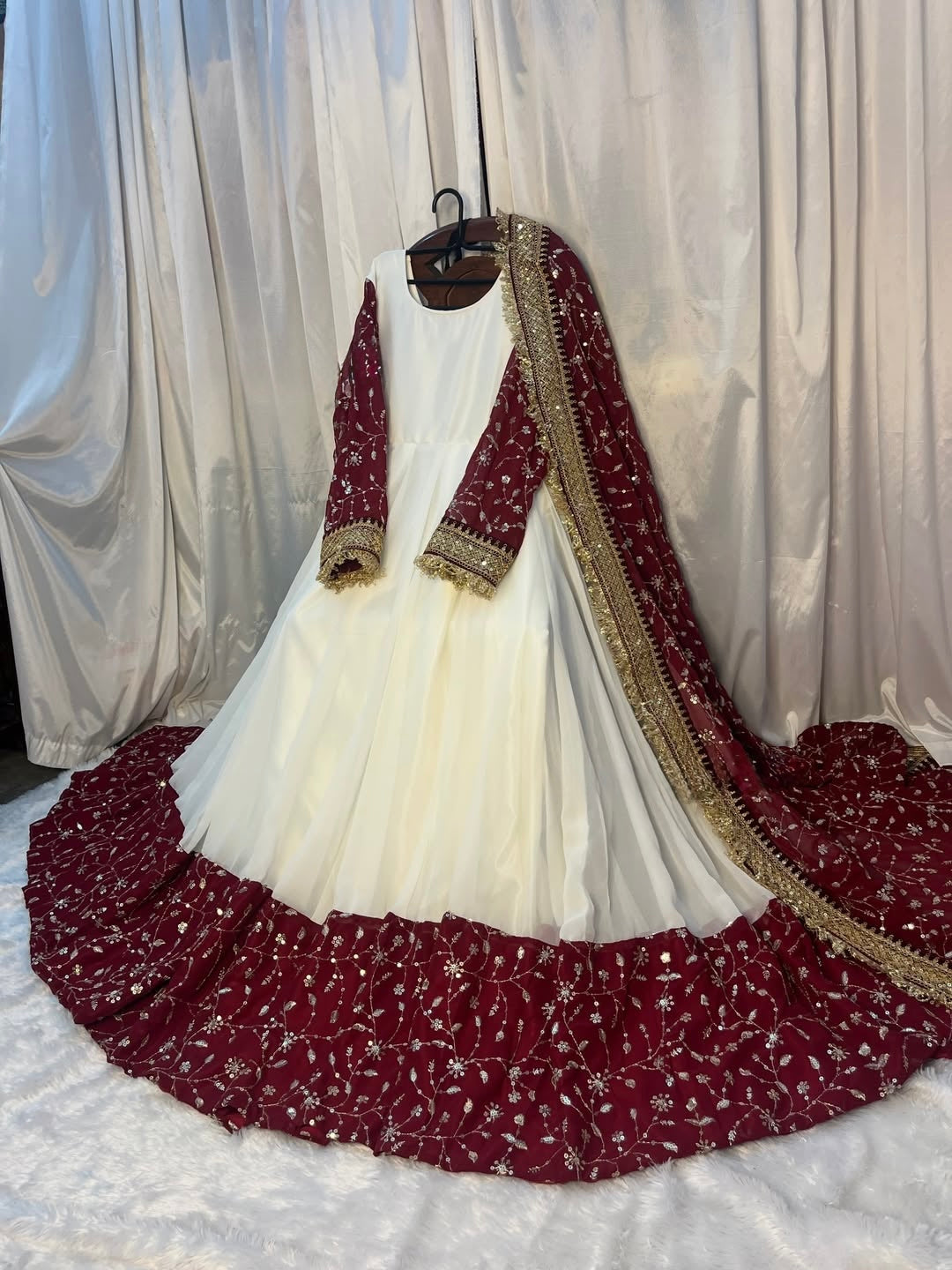 White Maroon Contrast Maxi Anarkali Suit with Dupatta