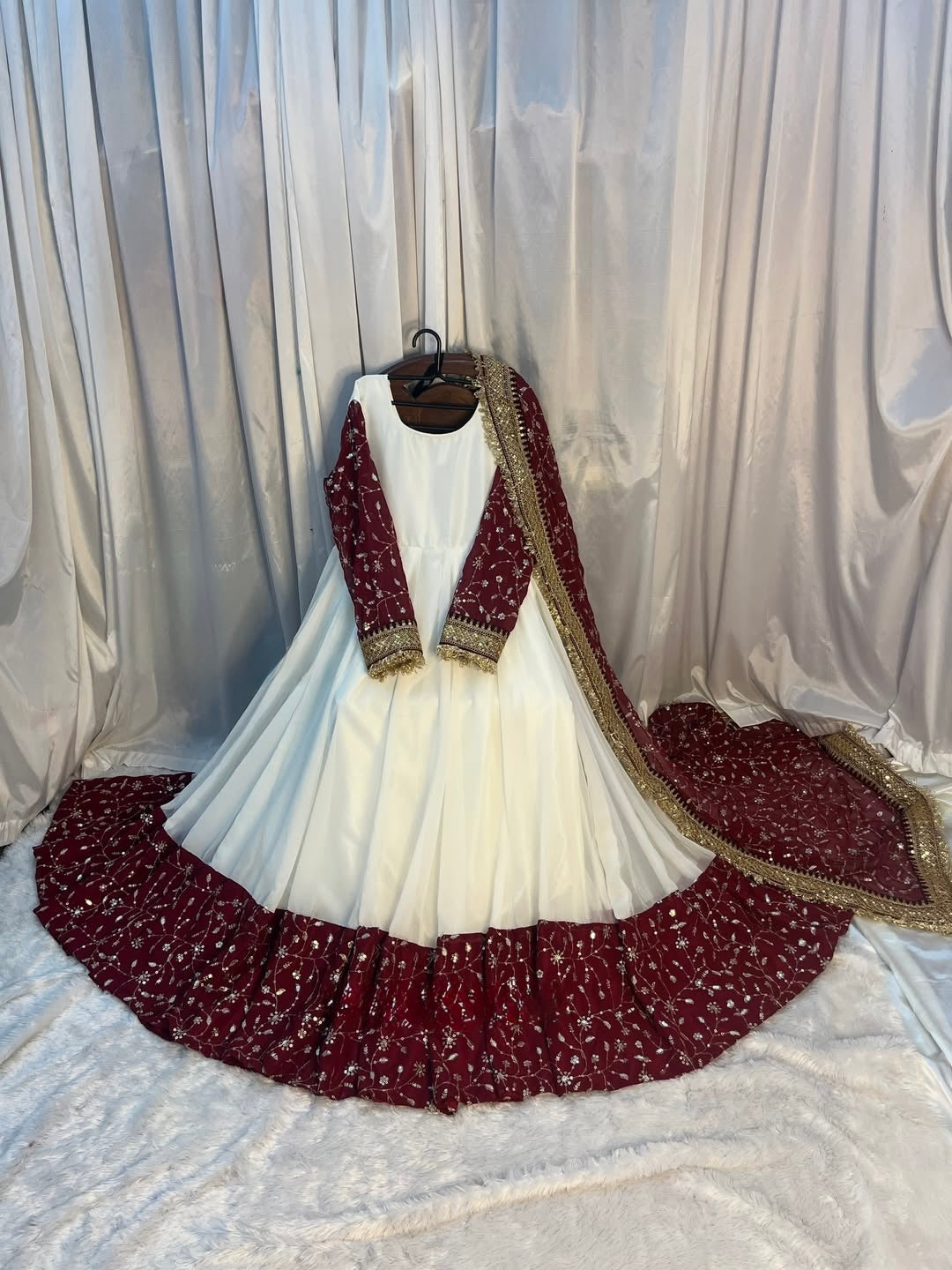 White Maroon Contrast Maxi Anarkali Suit with Dupatta