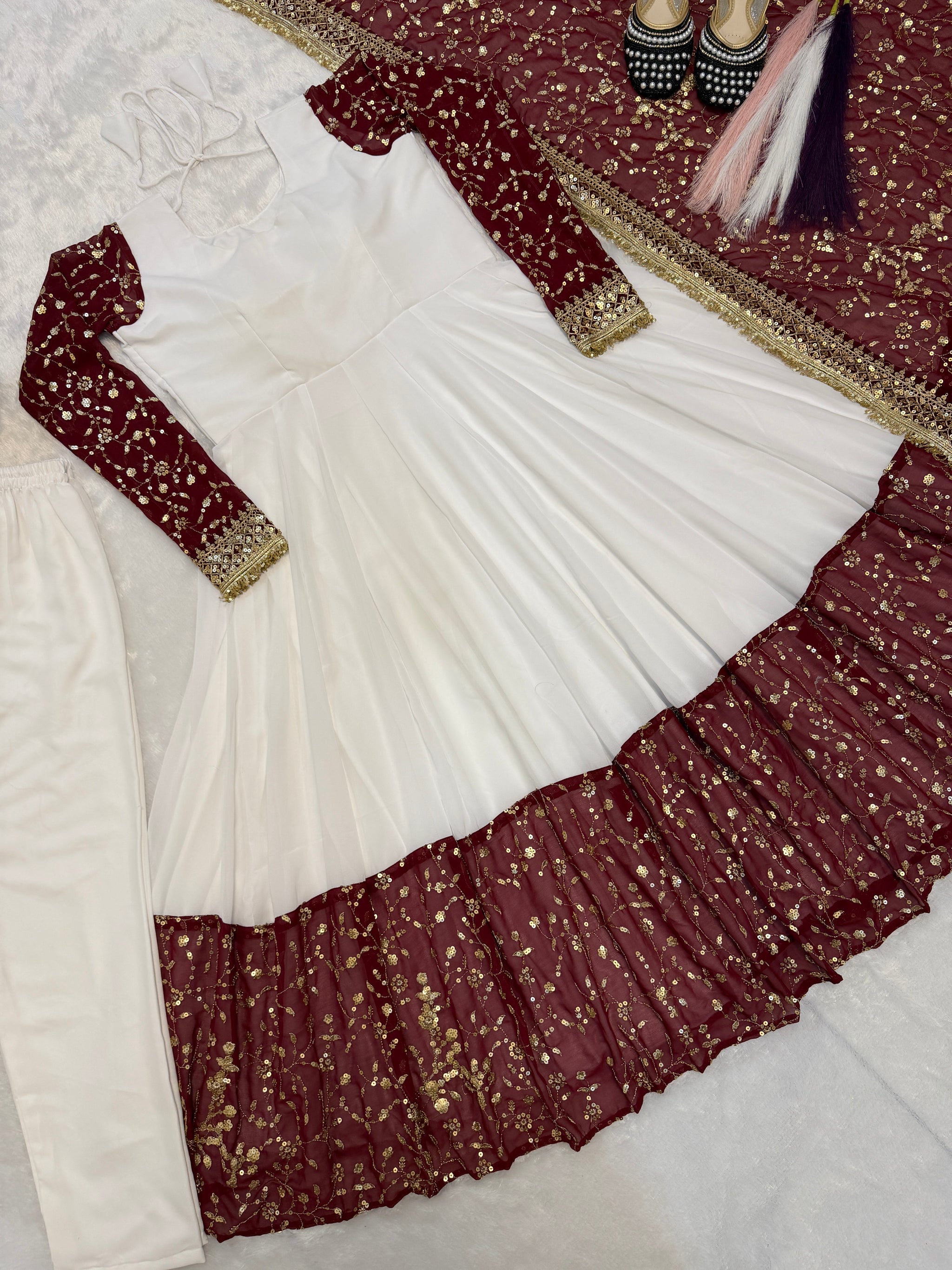 White Maroon Contrast Maxi Anarkali Suit with Dupatta