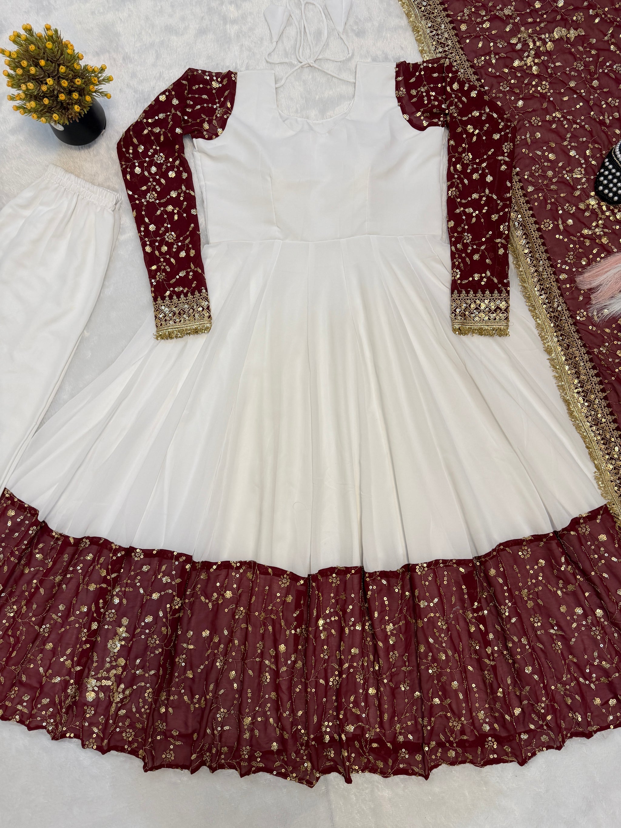 White Maroon Contrast Maxi Anarkali Suit with Dupatta