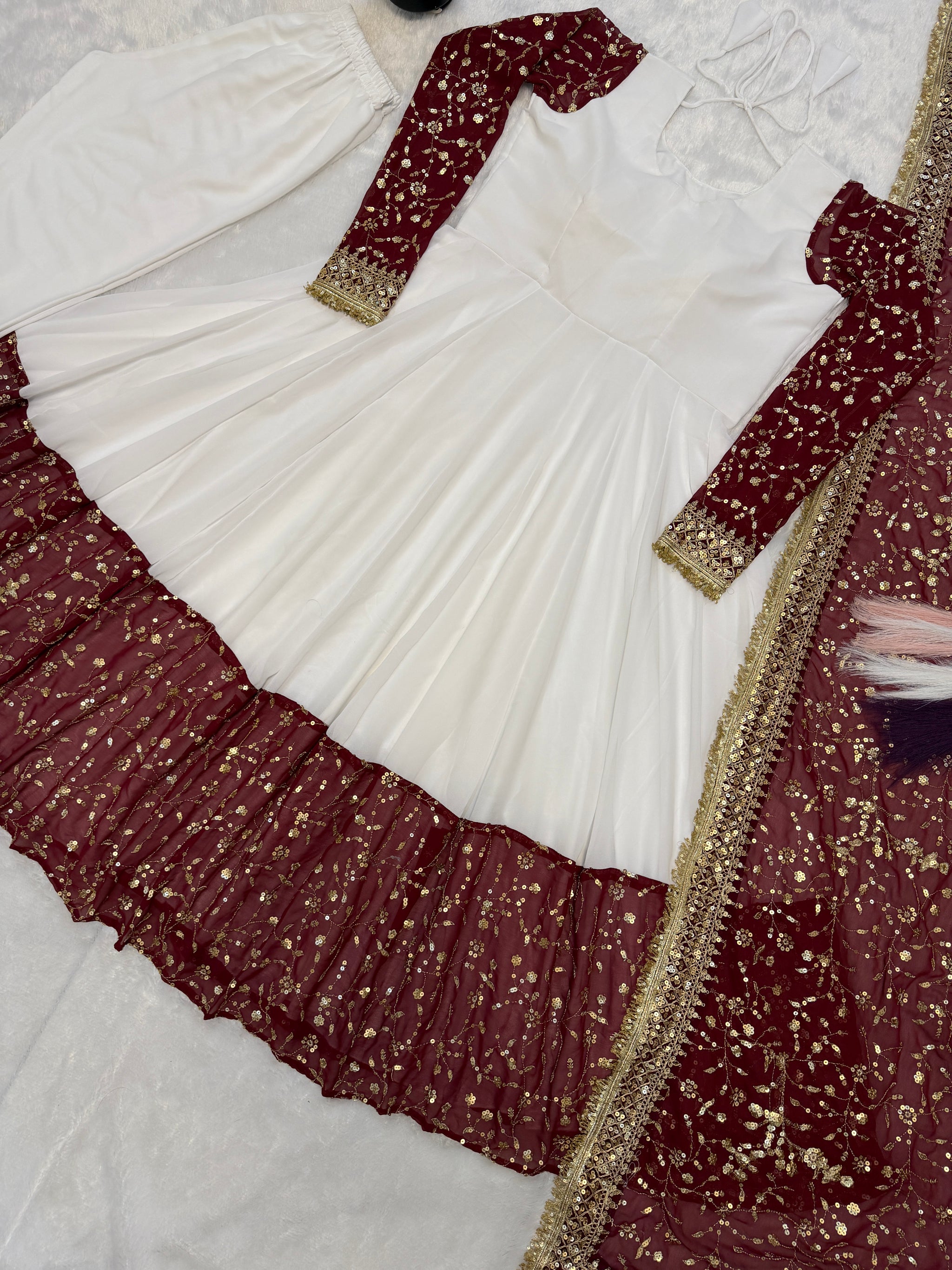 White Maroon Contrast Maxi Anarkali Suit with Dupatta