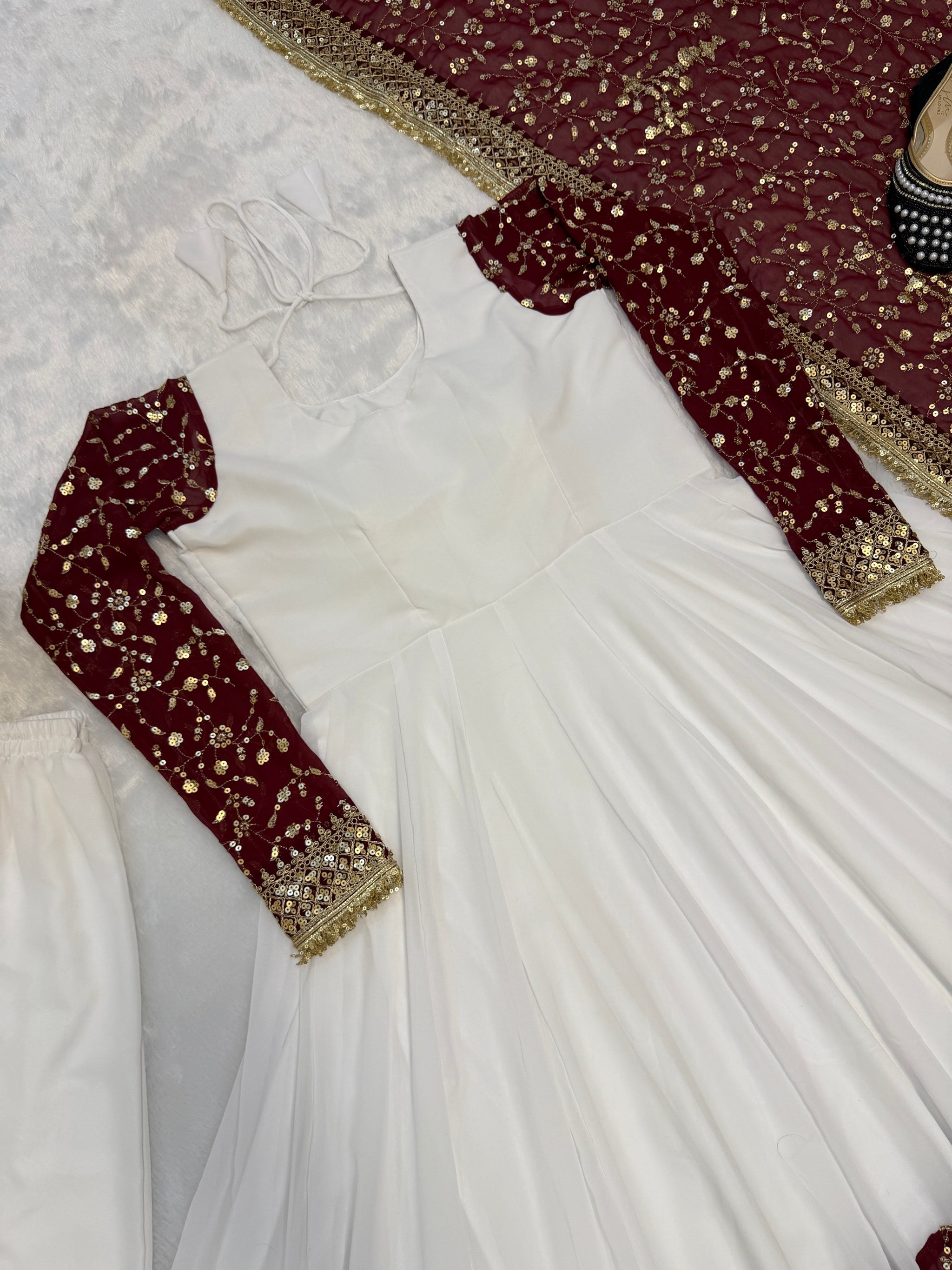 White Maroon Contrast Maxi Anarkali Suit with Dupatta