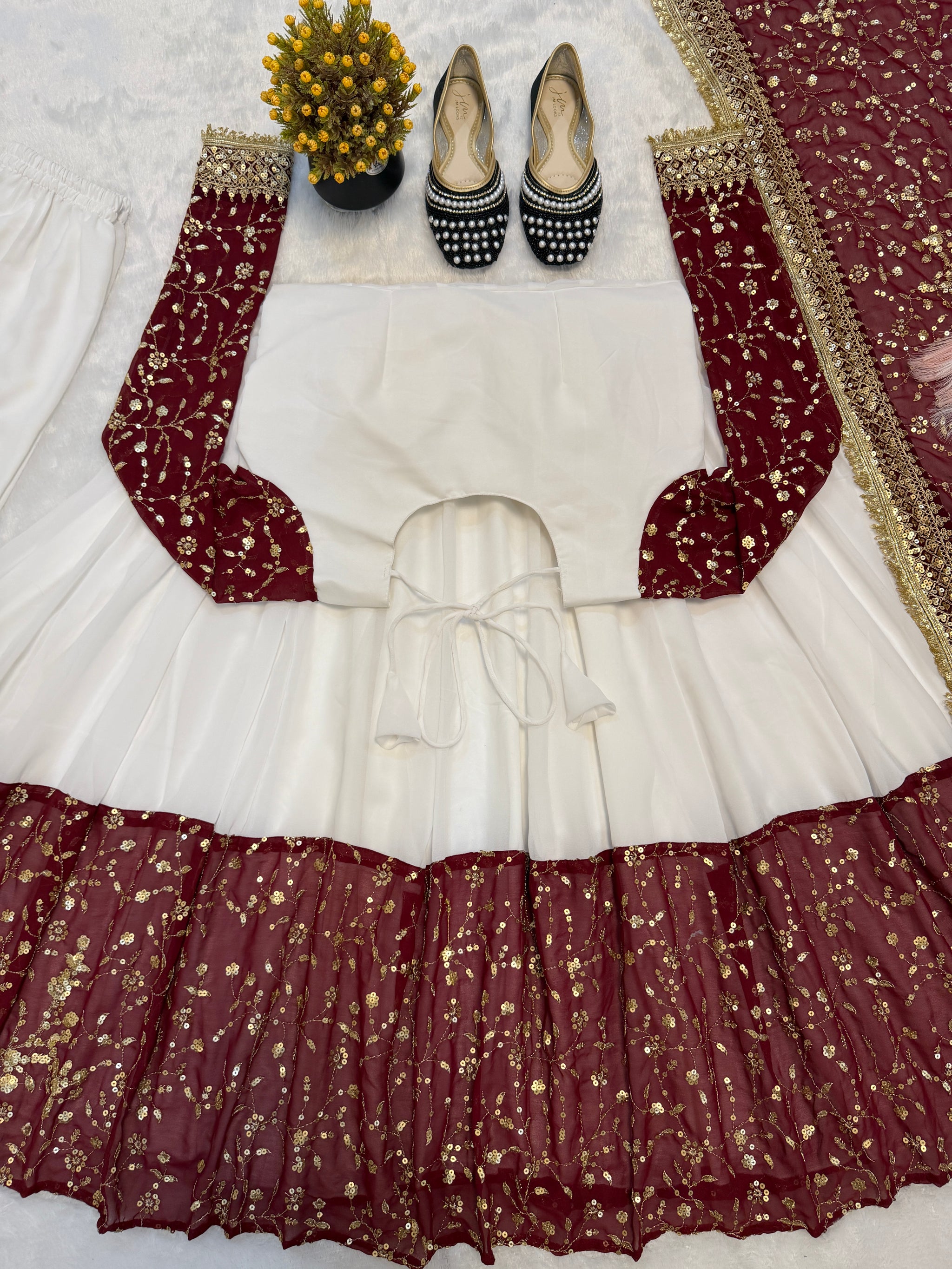 White Maroon Contrast Maxi Anarkali Suit with Dupatta