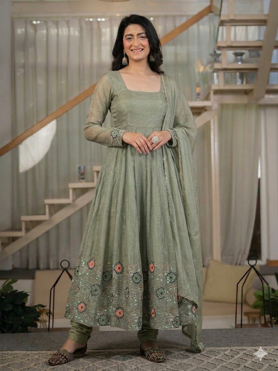 Sage Green Floral Sequin Embroidered Anarkali Suit with Dupatta