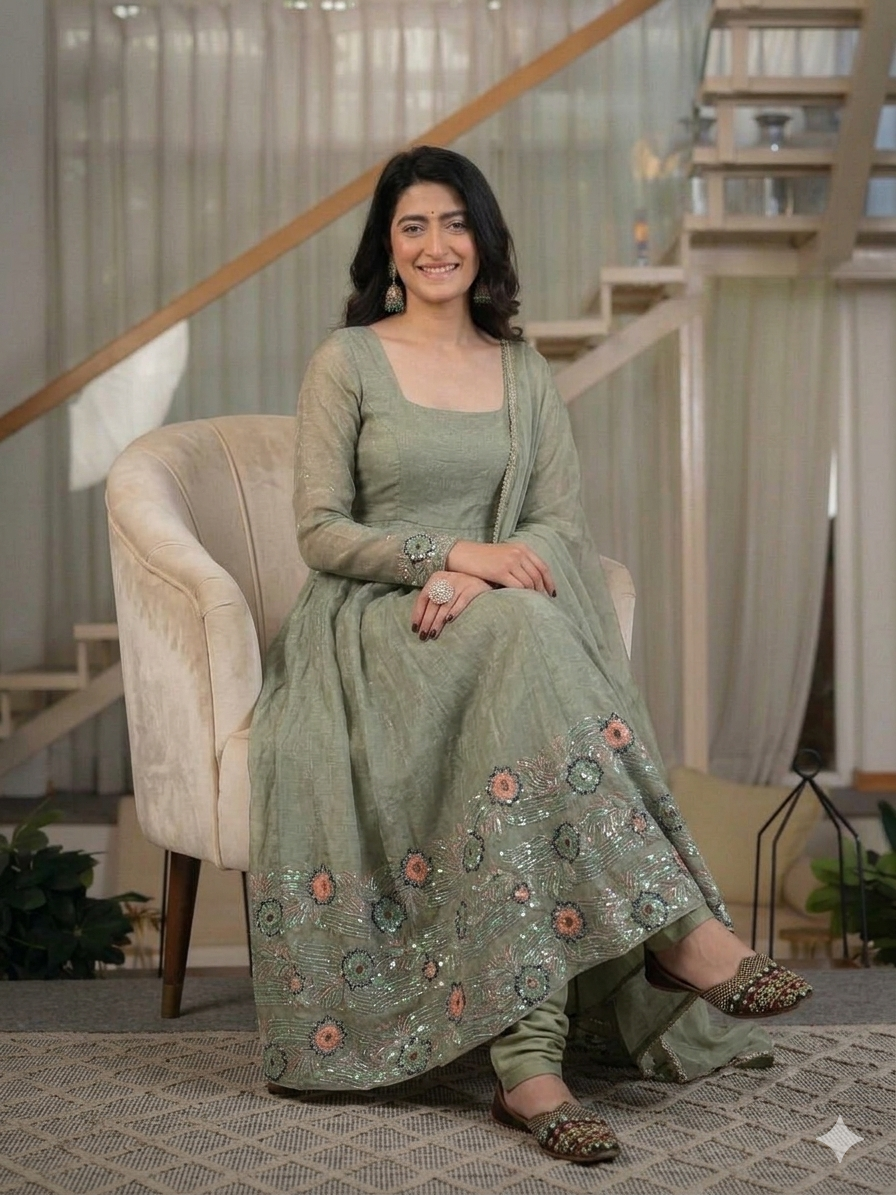 Sage Green Floral Sequin Embroidered Anarkali Suit with Dupatta