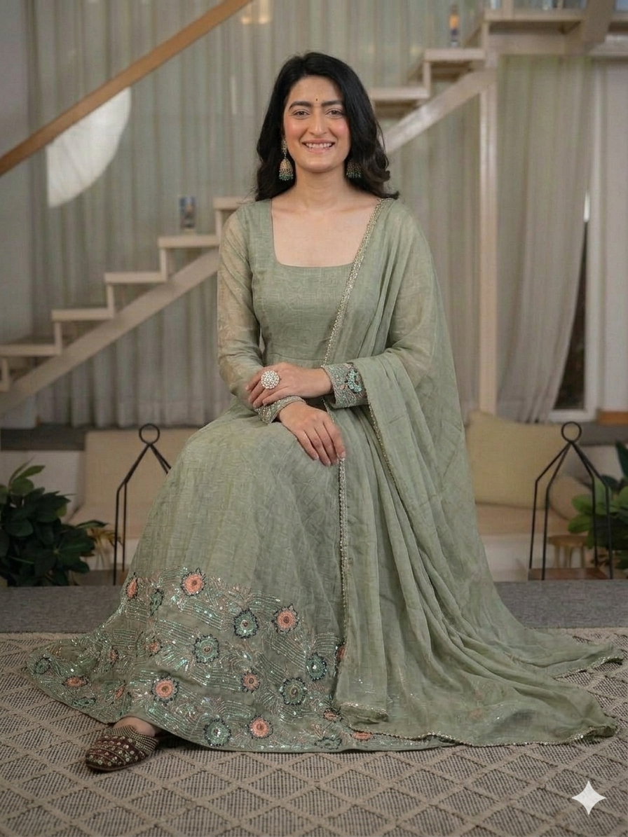 Sage Green Floral Sequin Embroidered Anarkali Suit with Dupatta