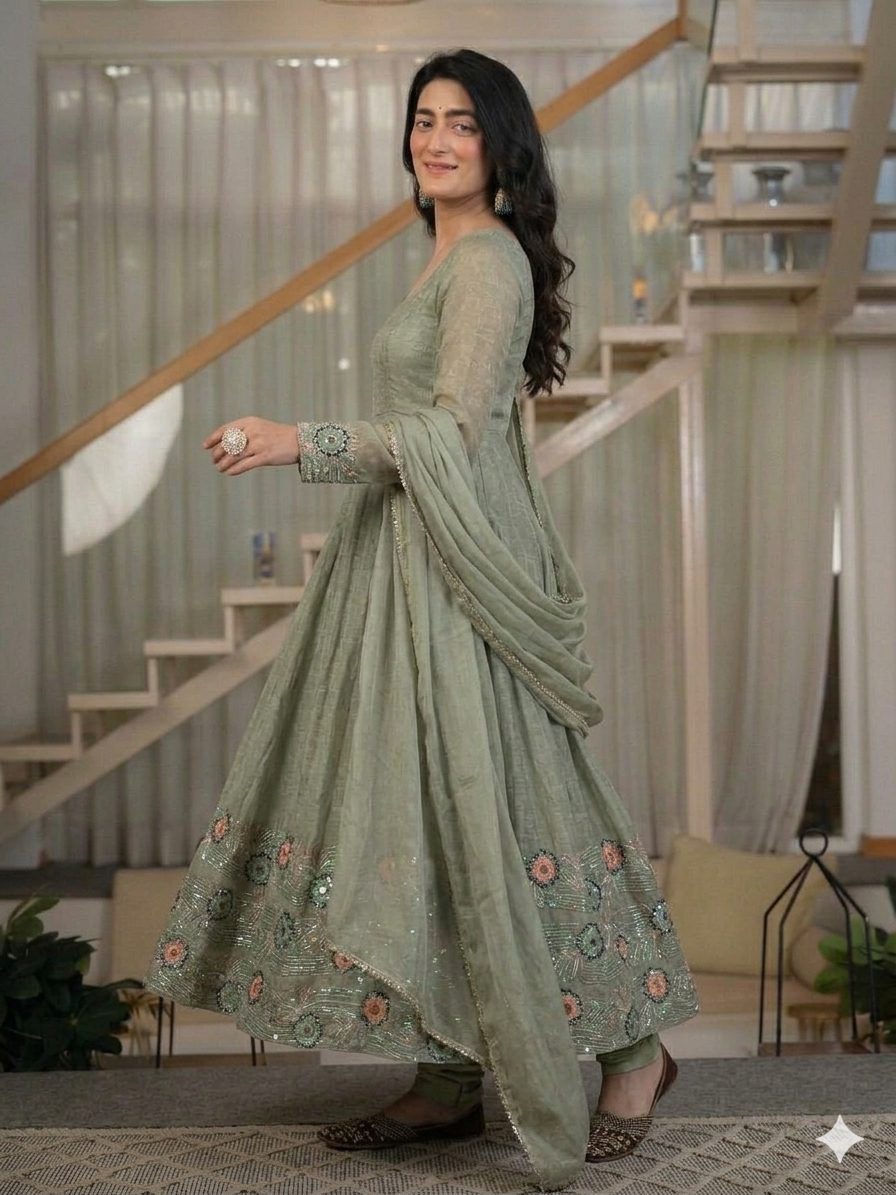 Sage Green Floral Sequin Embroidered Anarkali Suit with Dupatta
