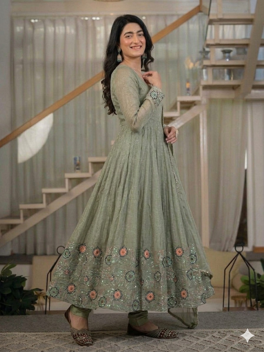 Sage Green Floral Sequin Embroidered Anarkali Suit with Dupatta